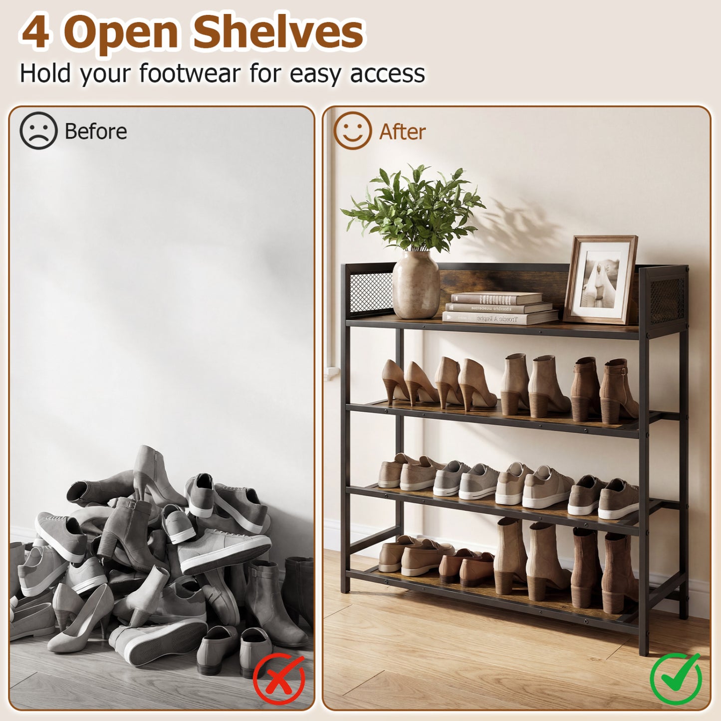 4-Tier Shoe Rack, Industrial Metal Frame, Rustic Brown Shoe Racks & Storage Benches at Gallery Canada