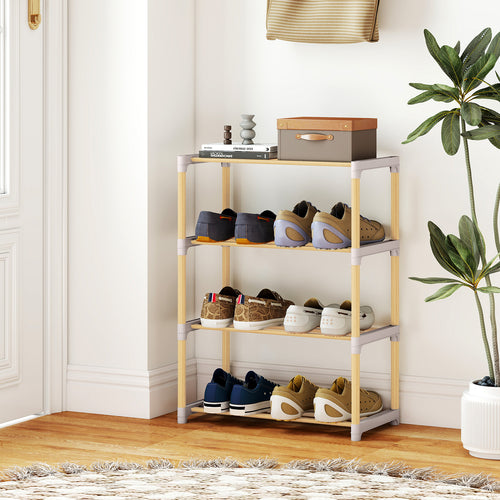 4-Tier Solid Wood Shoe Rack, Slatted Open Shelves, Gray