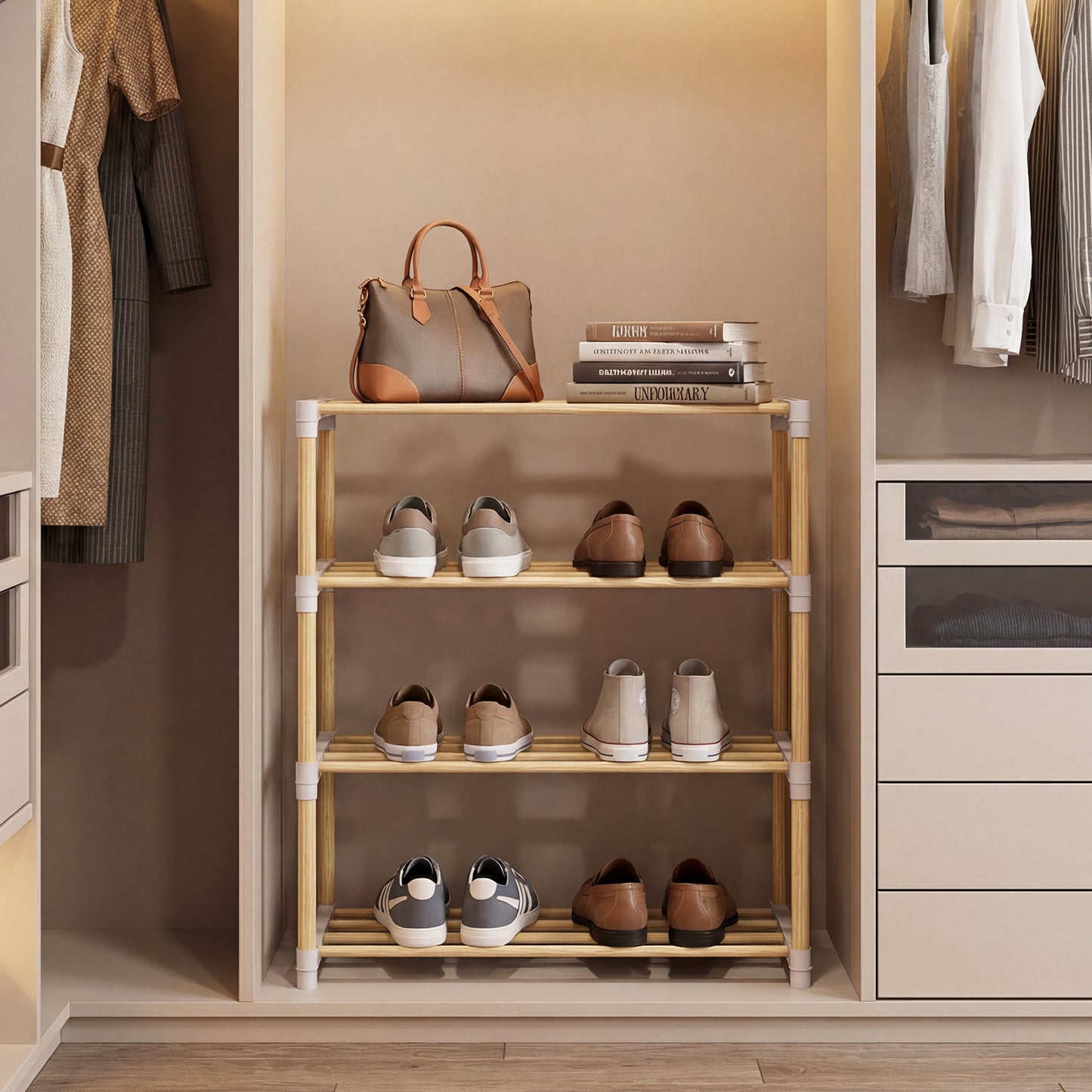 4-Tier Solid Wood Shoe Rack, Slatted Open Shelves, Gray Shoe Racks & Storage Benches at Gallery Canada