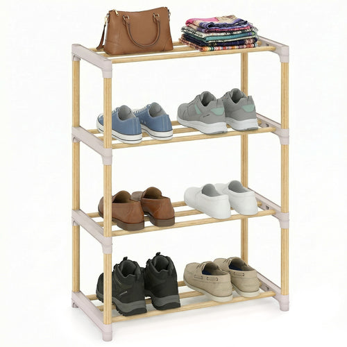 4-Tier Solid Wood Shoe Rack, Slatted Open Shelves, Gray