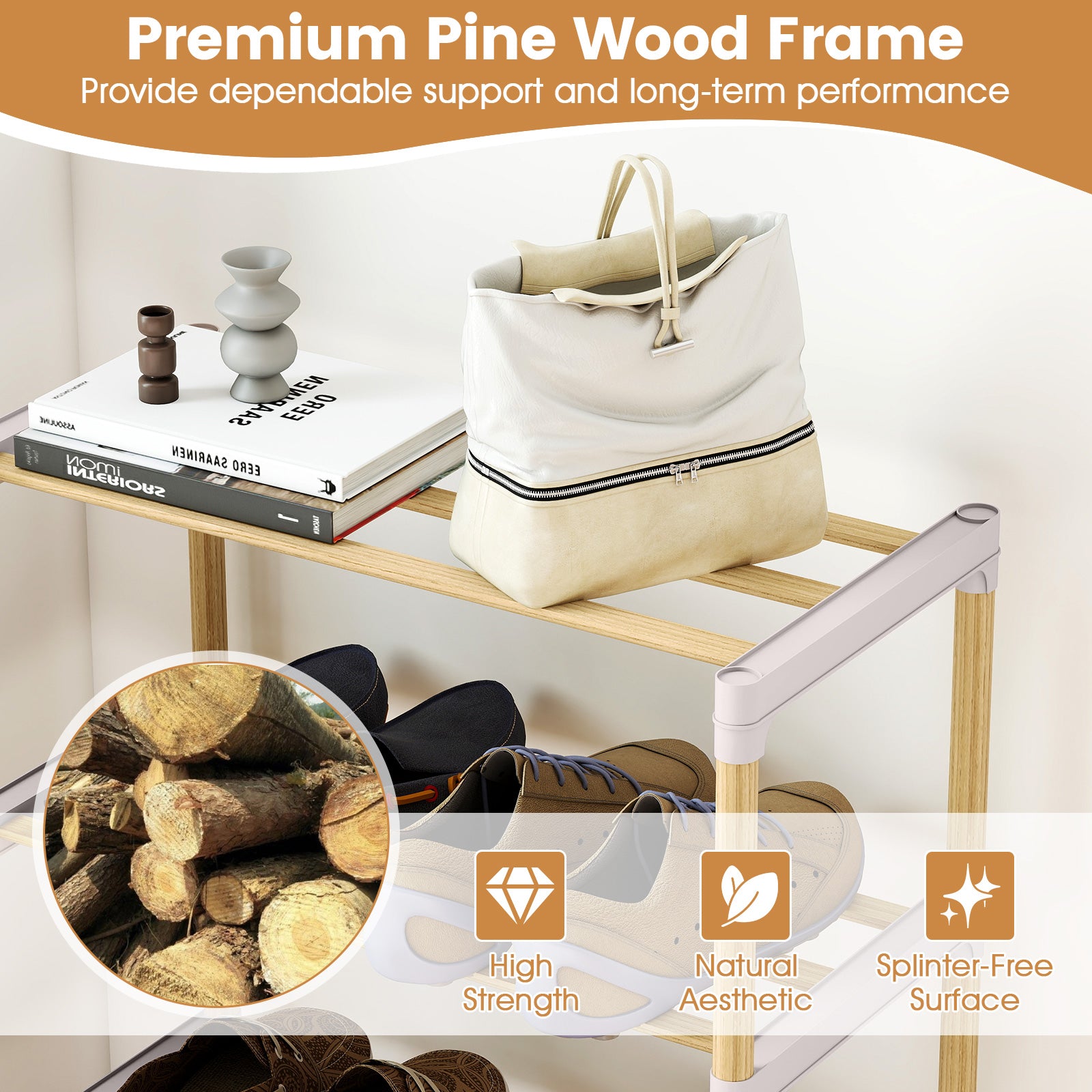 4-Tier Solid Wood Shoe Rack, Slatted Open Shelves, Gray Shoe Racks & Storage Benches at Gallery Canada