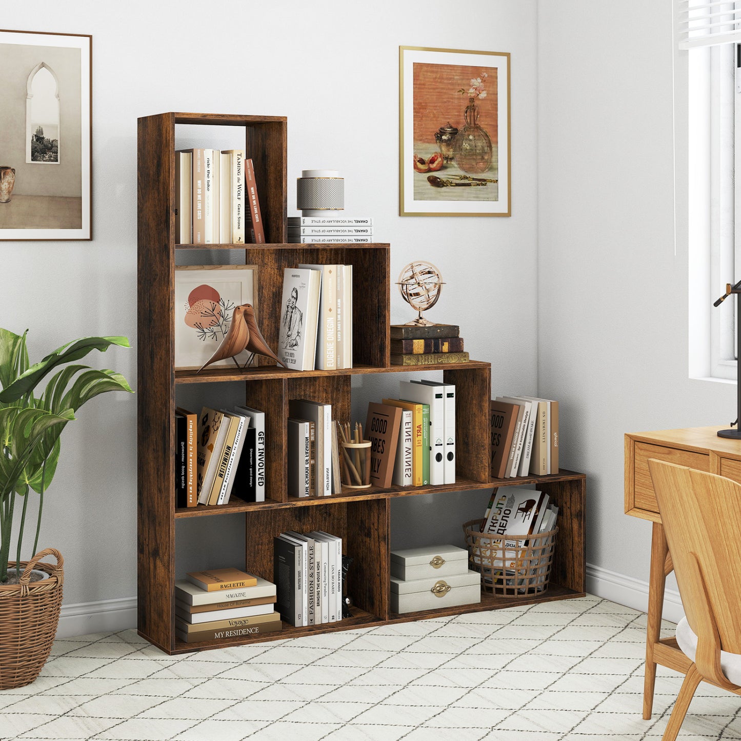 4-Tier Ladder Bookshelf with 6 Cubes, Rustic Brown Bookcases at Gallery Canada