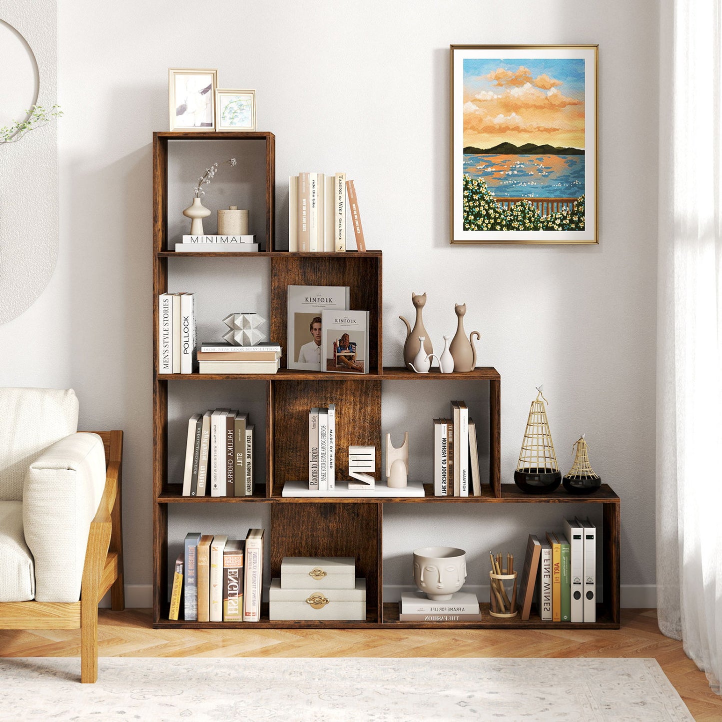 4-Tier Ladder Bookshelf with 6 Cubes, Rustic Brown Bookcases at Gallery Canada