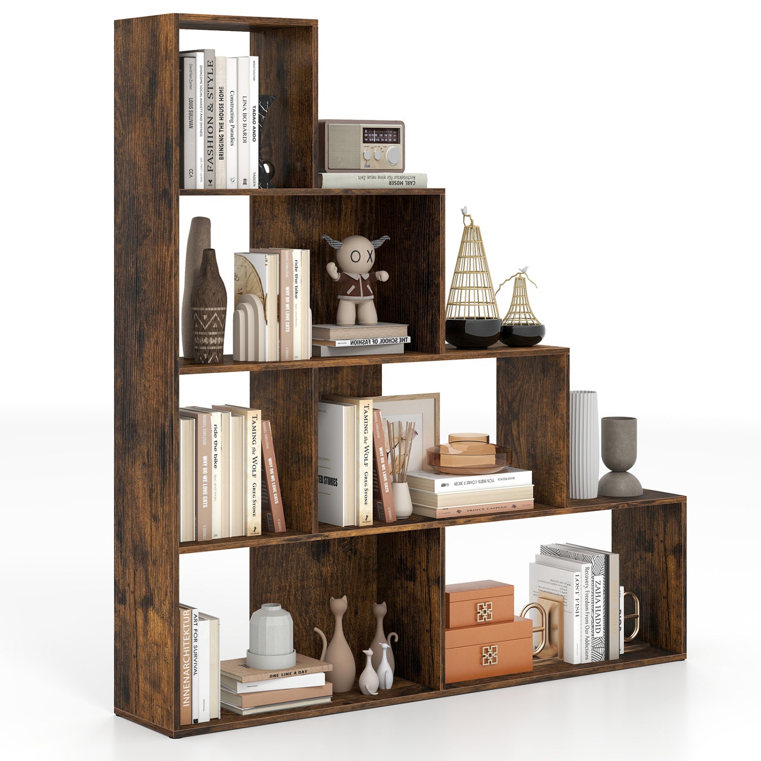 4-Tier Ladder Bookshelf with 6 Cubes, Rustic Brown Bookcases at Gallery Canada