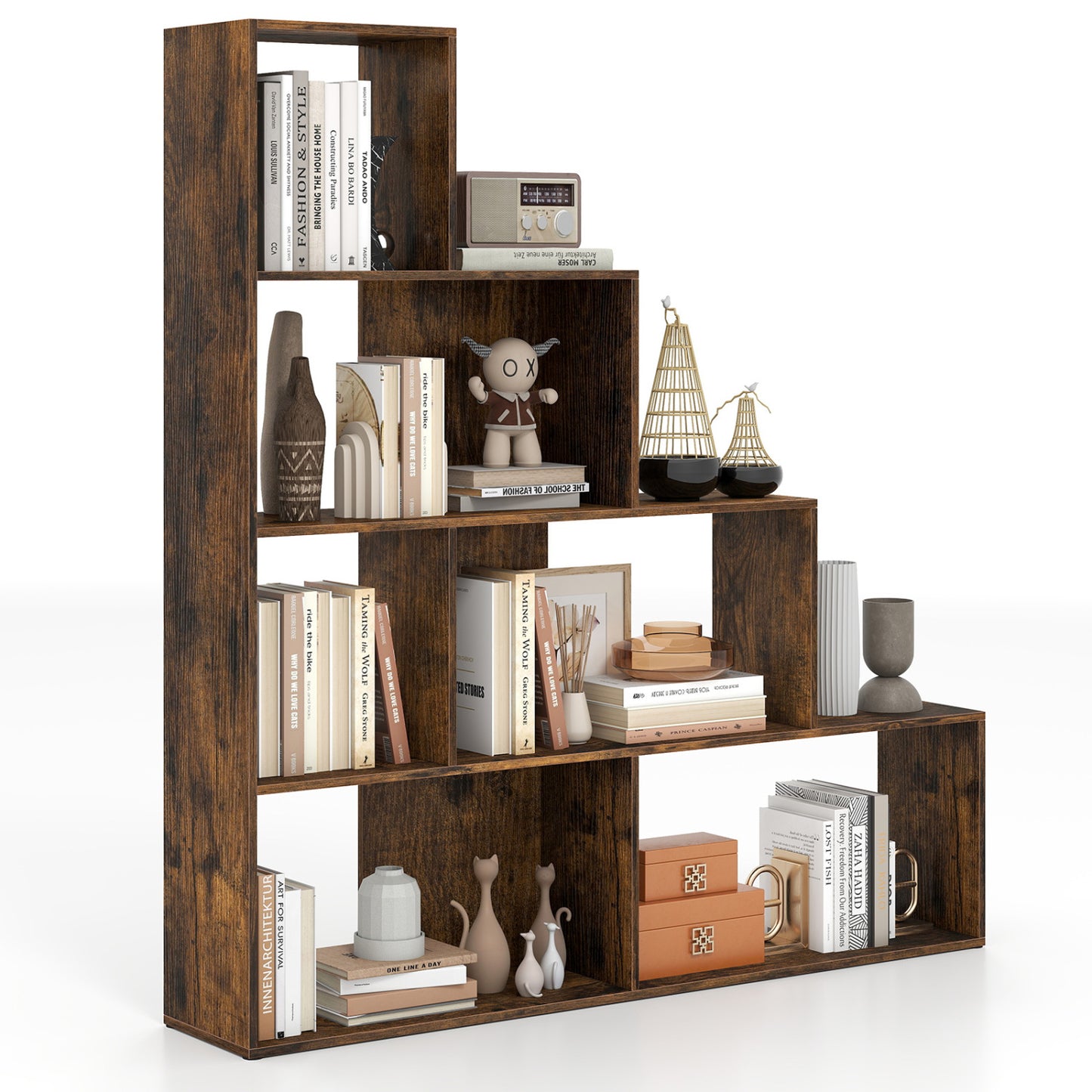 4-Tier Ladder Bookshelf with 6 Cubes, Rustic Brown Bookcases at Gallery Canada