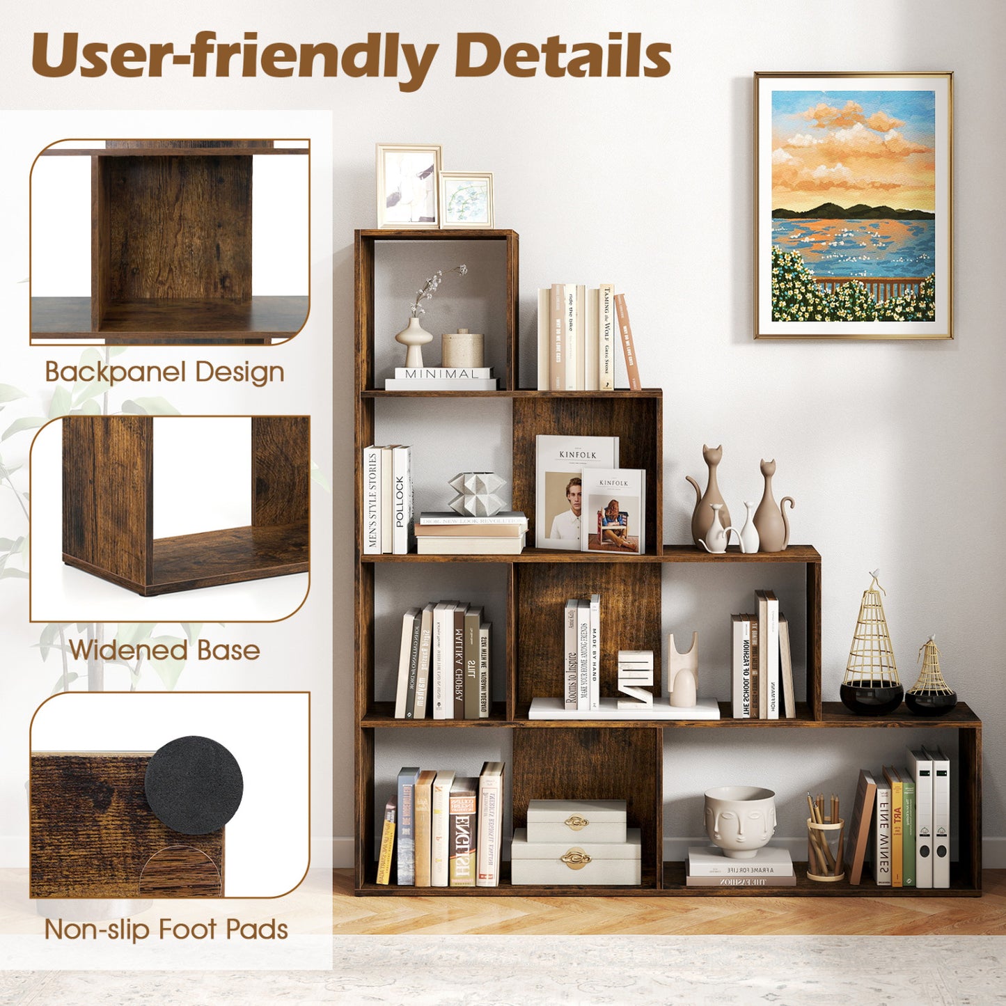 4-Tier Ladder Bookshelf with 6 Cubes, Rustic Brown Bookcases at Gallery Canada