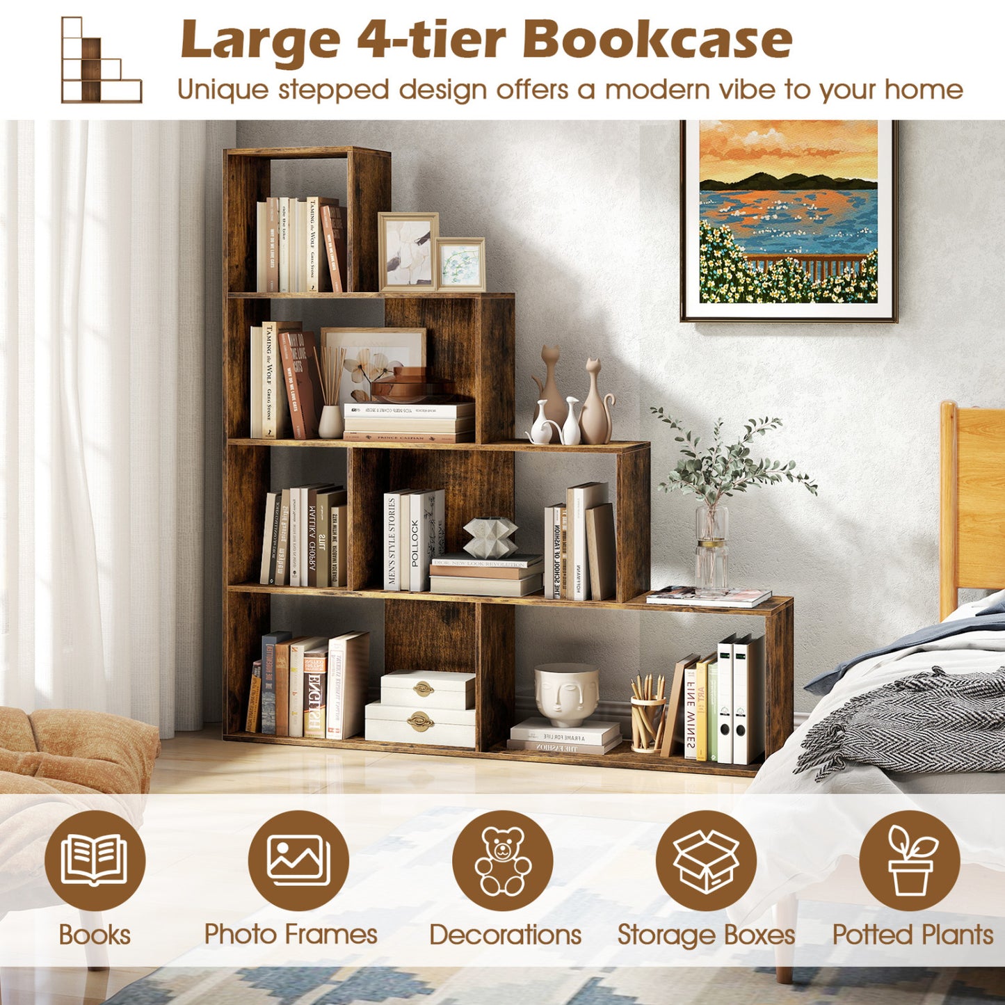 4-Tier Ladder Bookshelf with 6 Cubes, Rustic Brown Bookcases at Gallery Canada