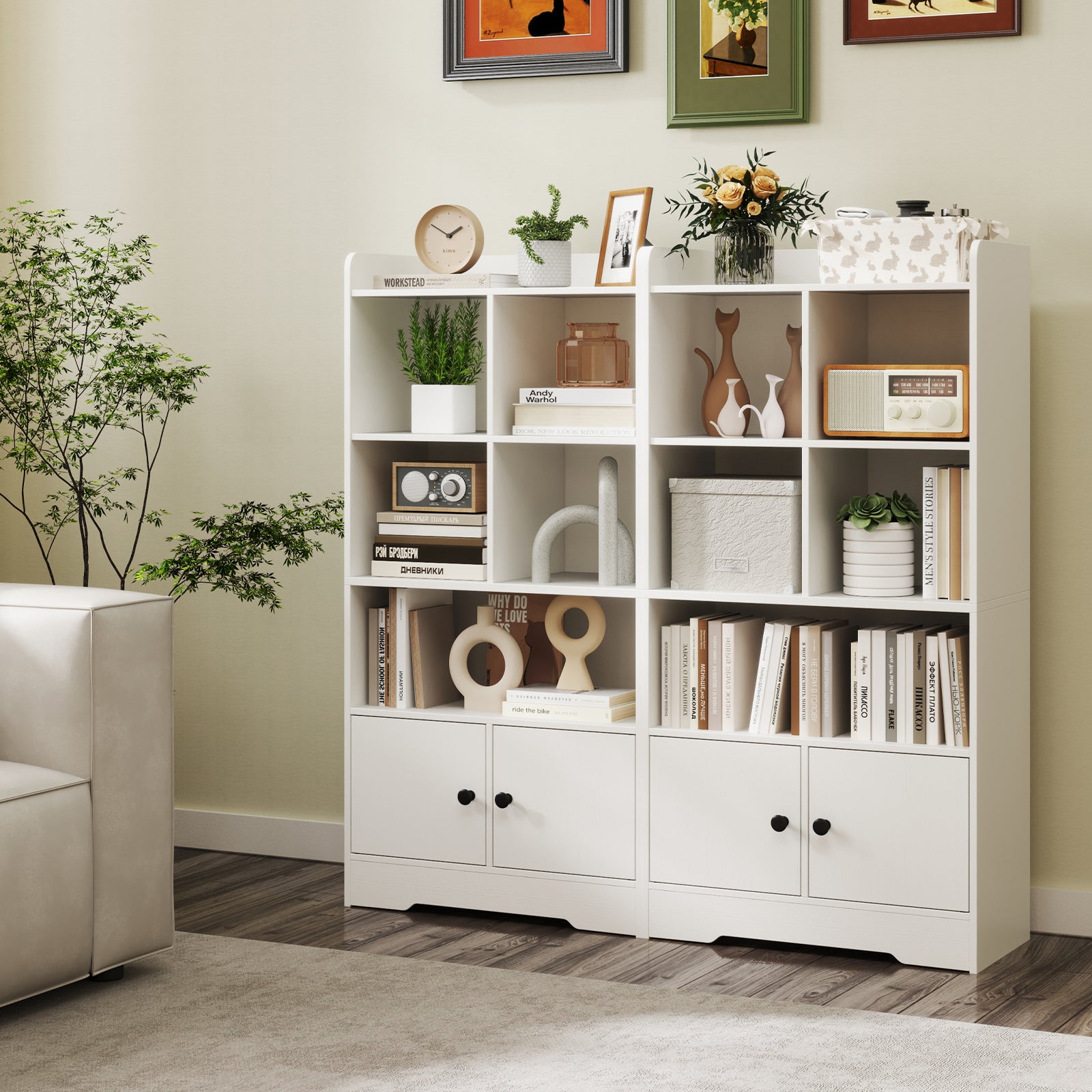 4 Tiers Bookshelf with 4 Cubes Display Shelf and 2 Doors, White Bookcases at Gallery Canada