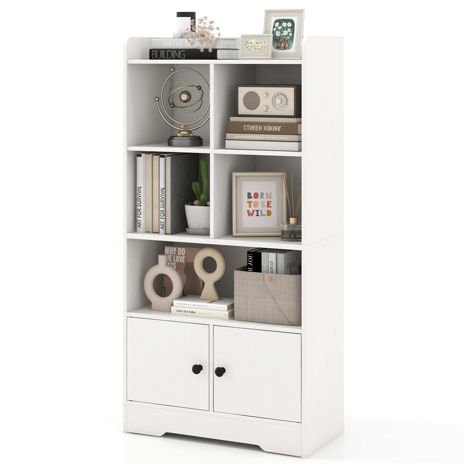 4 Tiers Bookshelf with 4 Cubes Display Shelf and 2 Doors, White Bookcases at Gallery Canada