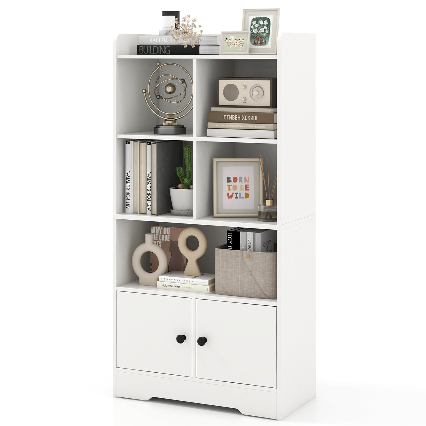 4 Tiers Bookshelf with 4 Cubes Display Shelf and 2 Doors, White Bookcases at Gallery Canada