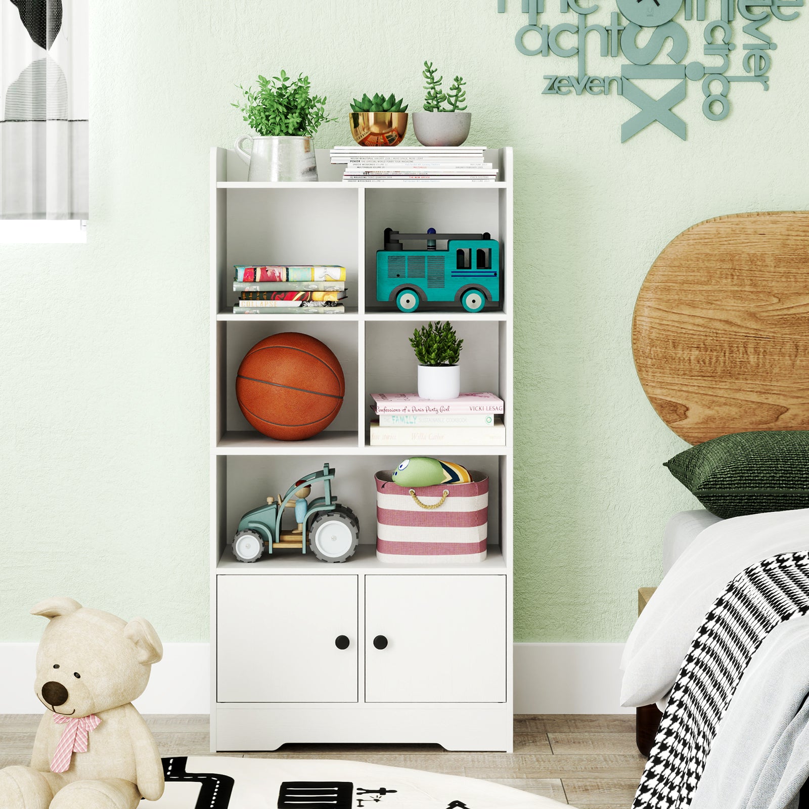 4 Tiers Bookshelf with 4 Cubes Display Shelf and 2 Doors, White Bookcases at Gallery Canada