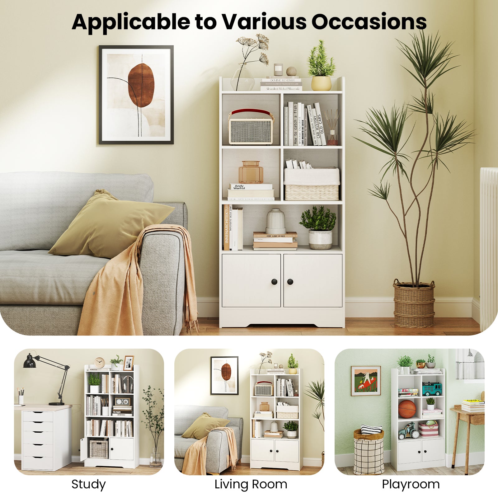 4 Tiers Bookshelf with 4 Cubes Display Shelf and 2 Doors, White Bookcases at Gallery Canada