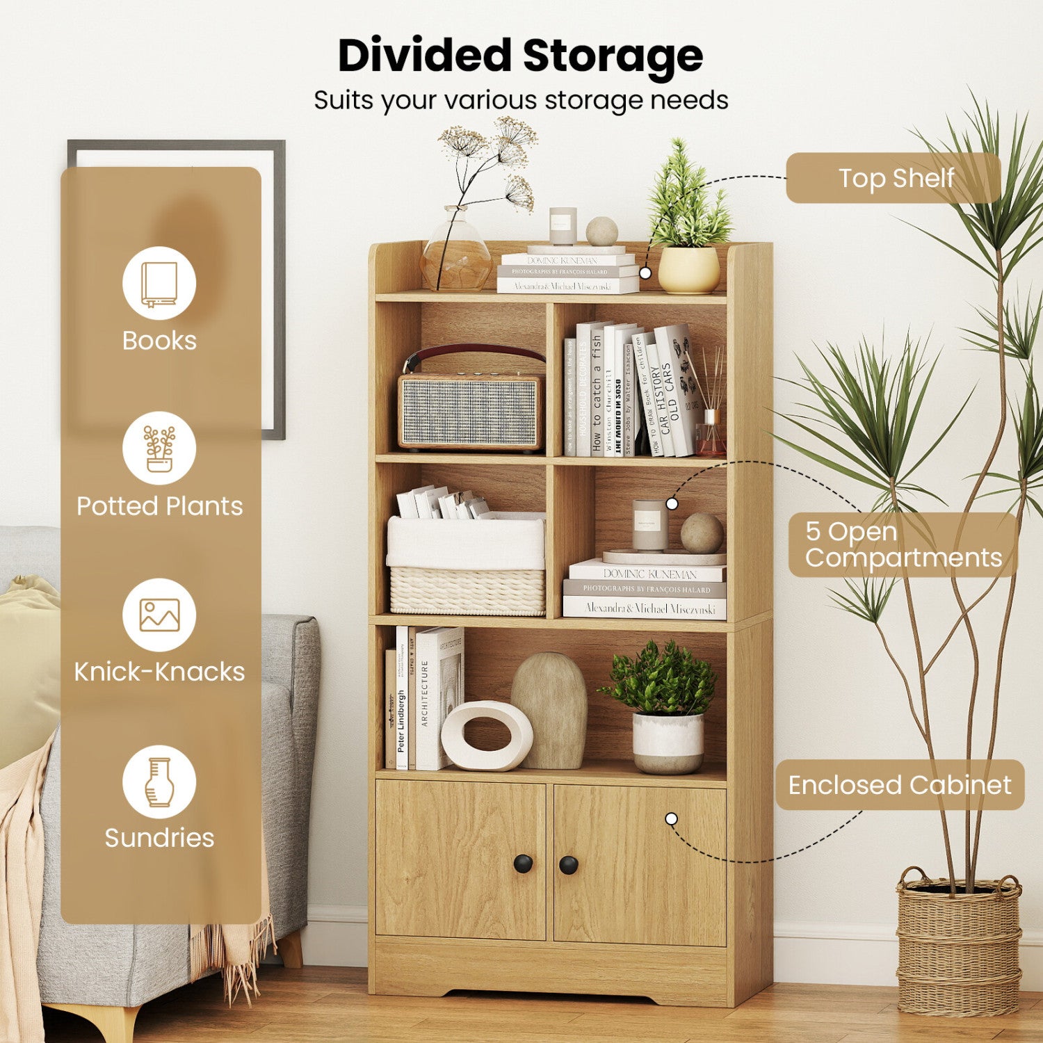 4 Tiers Bookshelf with 4 Cubes Display Shelf and 2 Doors, Natural Bookcases at Gallery Canada
