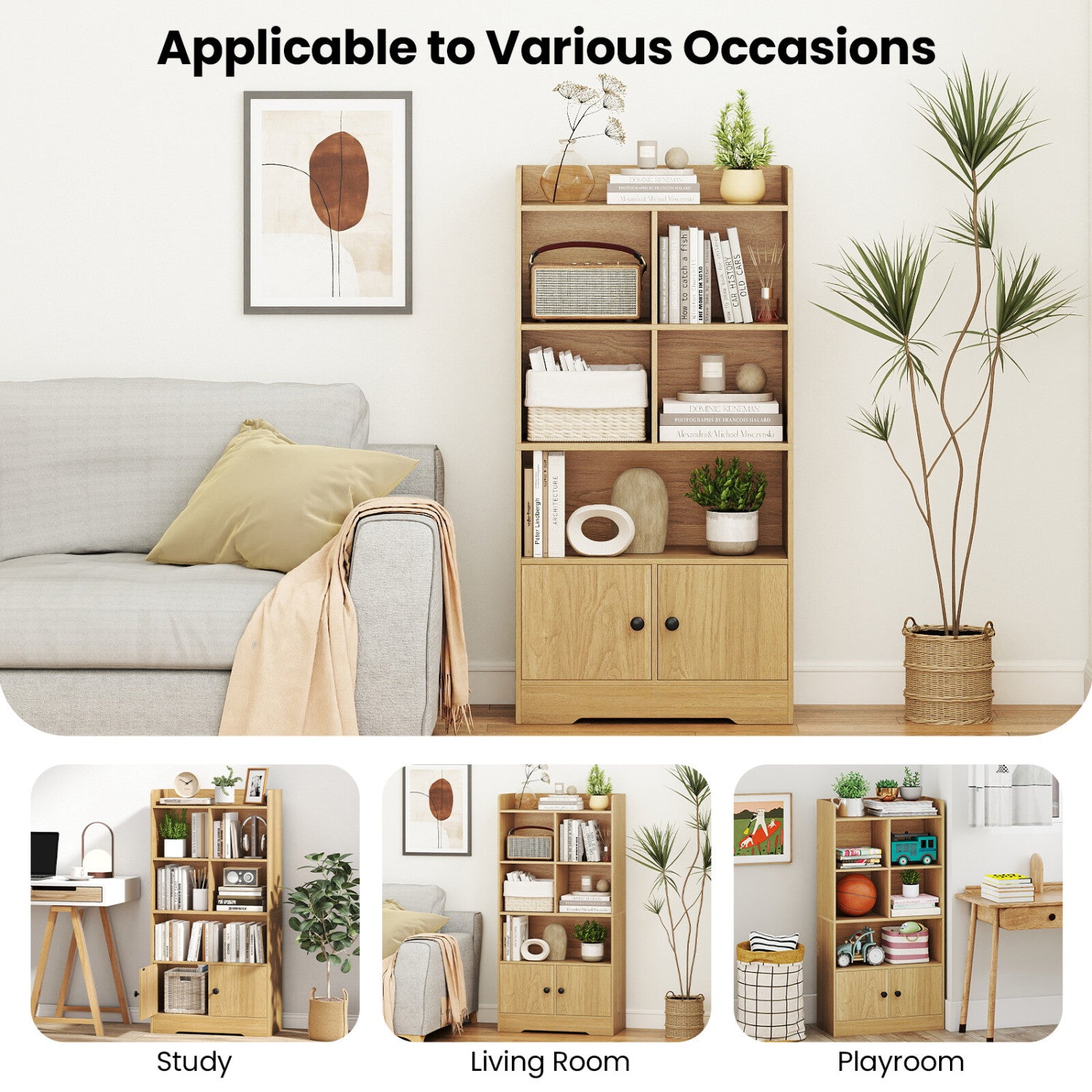 4 Tiers Bookshelf with 4 Cubes Display Shelf and 2 Doors, Natural Bookcases at Gallery Canada