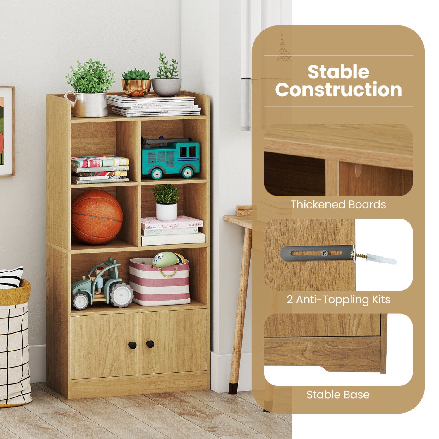 4 Tiers Bookshelf with 4 Cubes Display Shelf and 2 Doors, Natural Bookcases at Gallery Canada