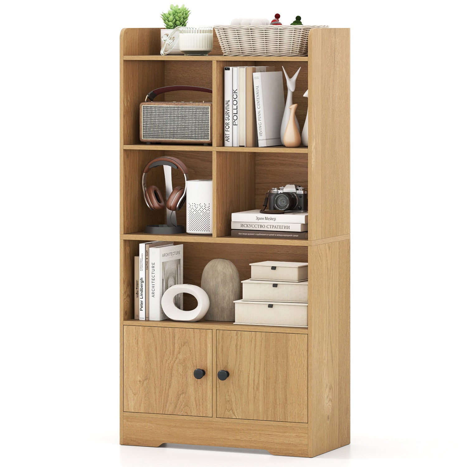4 Tiers Bookshelf with 4 Cubes Display Shelf and 2 Doors, Natural Bookcases at Gallery Canada