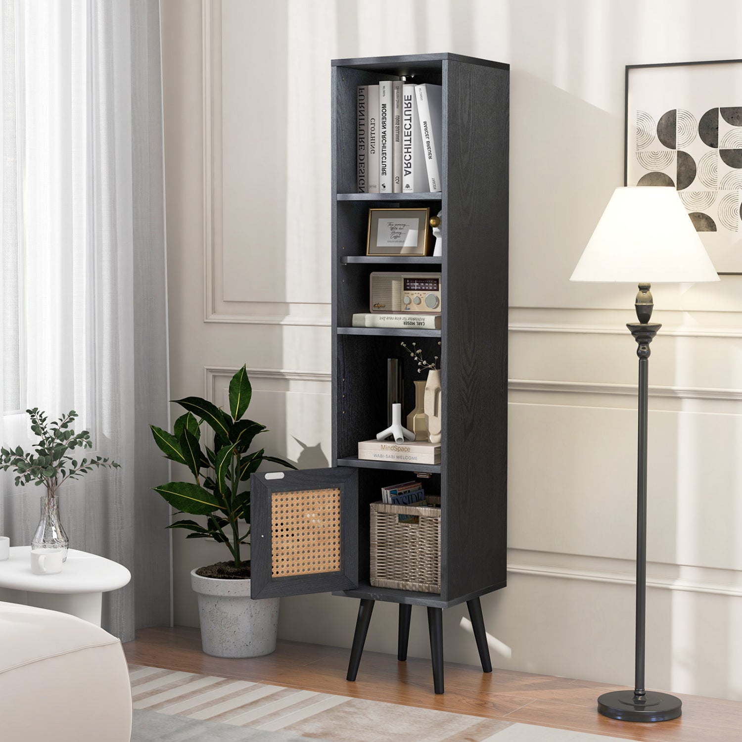 4-Tier Rattan Storage Cabinet, Slim Design, Black Cabinets & Chests at Gallery Canada