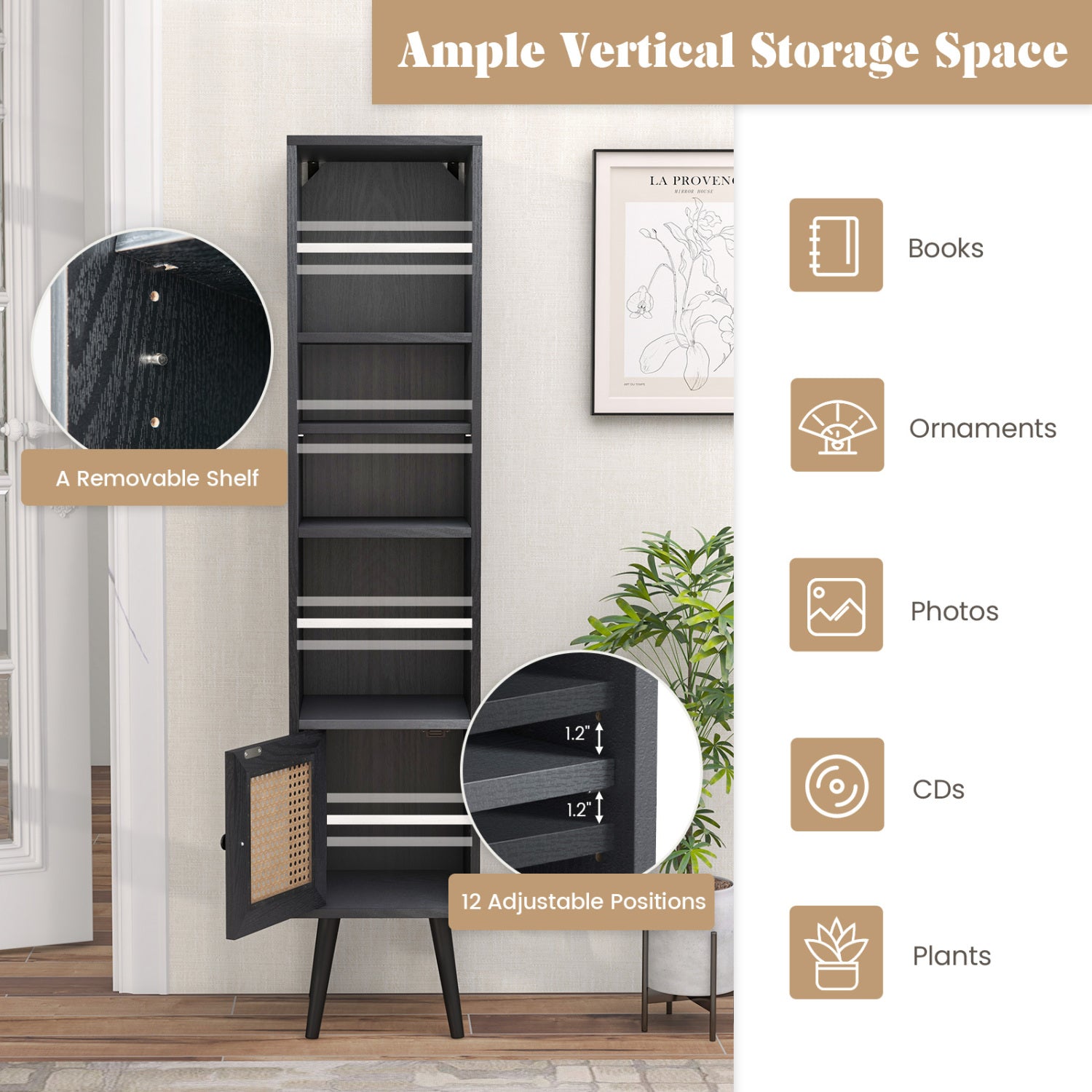 4-Tier Rattan Storage Cabinet, Slim Design, Black Cabinets & Chests at Gallery Canada