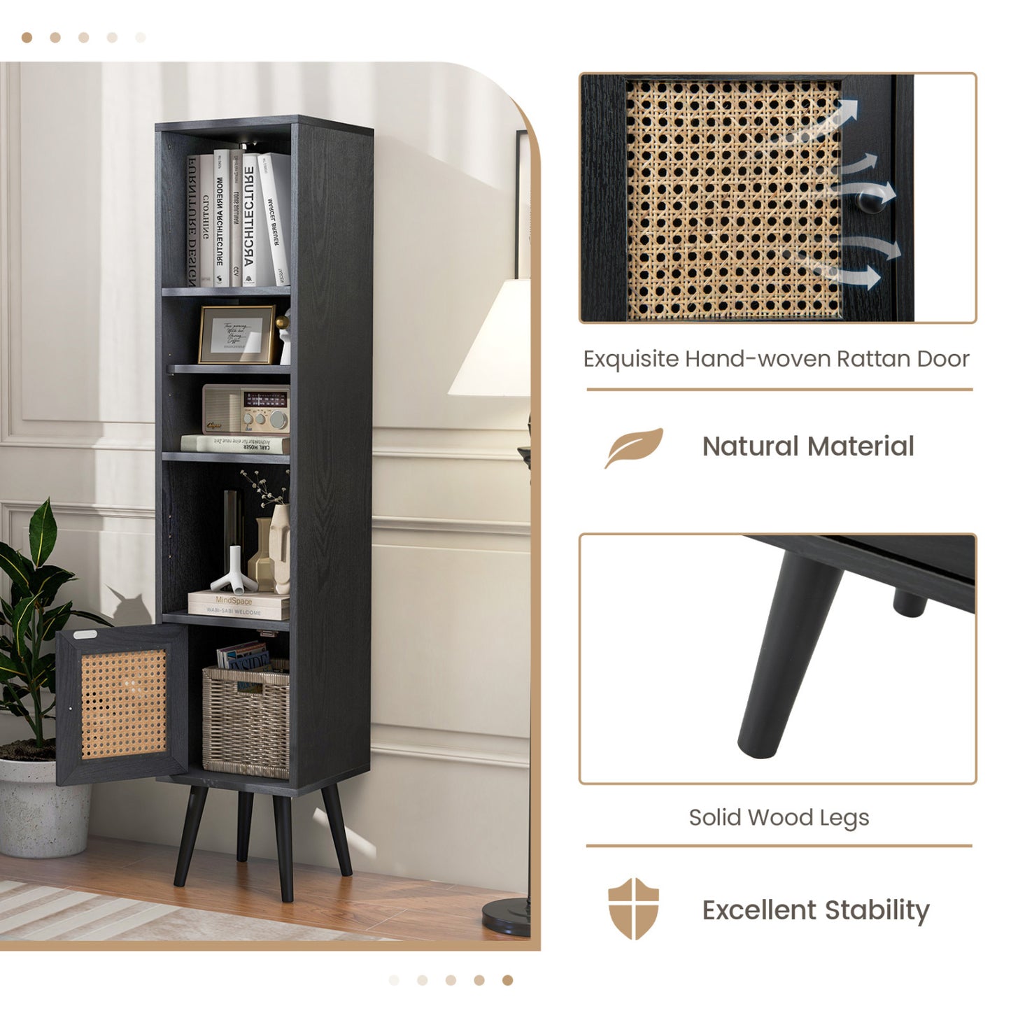 4-Tier Rattan Storage Cabinet, Slim Design, Black Cabinets & Chests at Gallery Canada