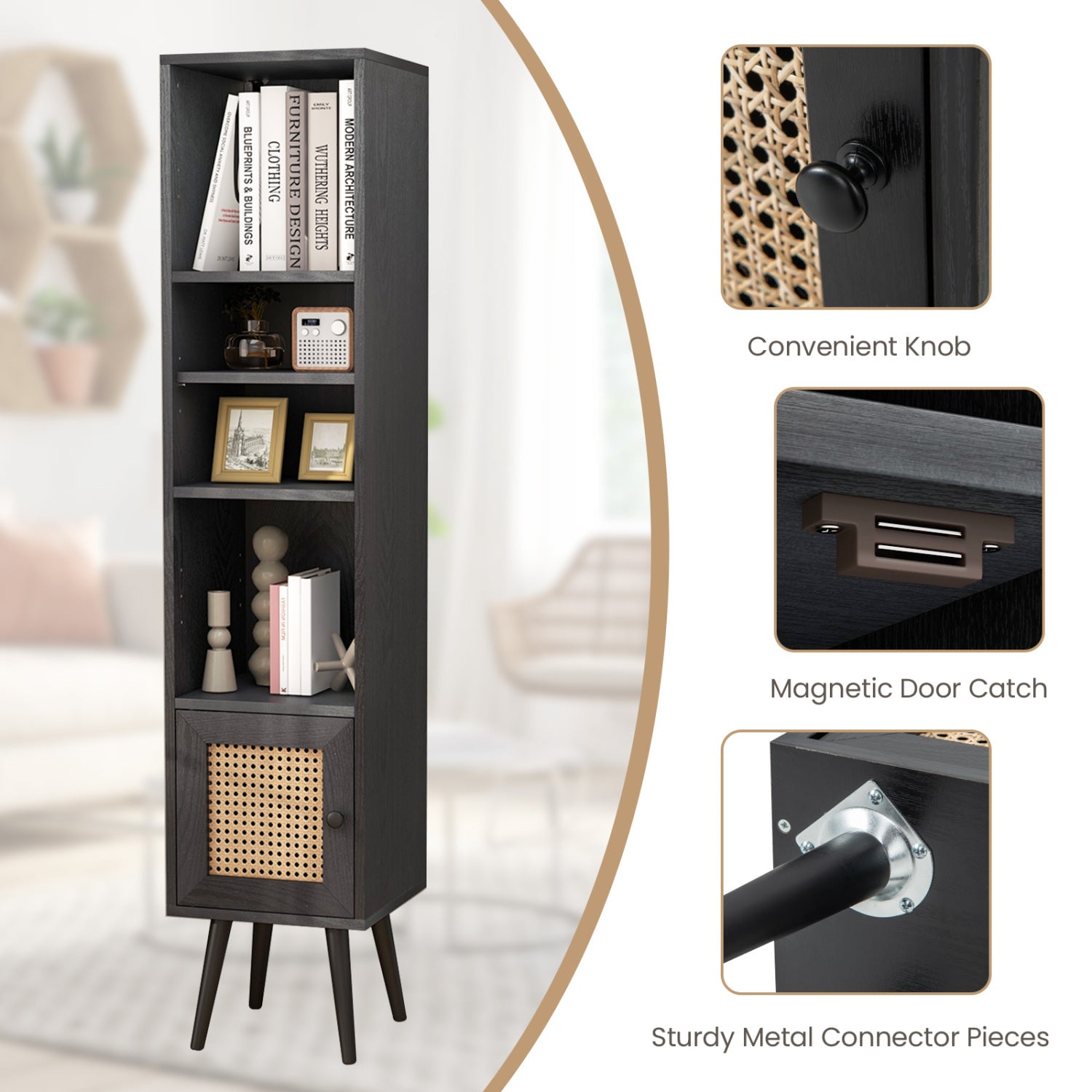 4-Tier Rattan Storage Cabinet, Slim Design, Black Cabinets & Chests at Gallery Canada