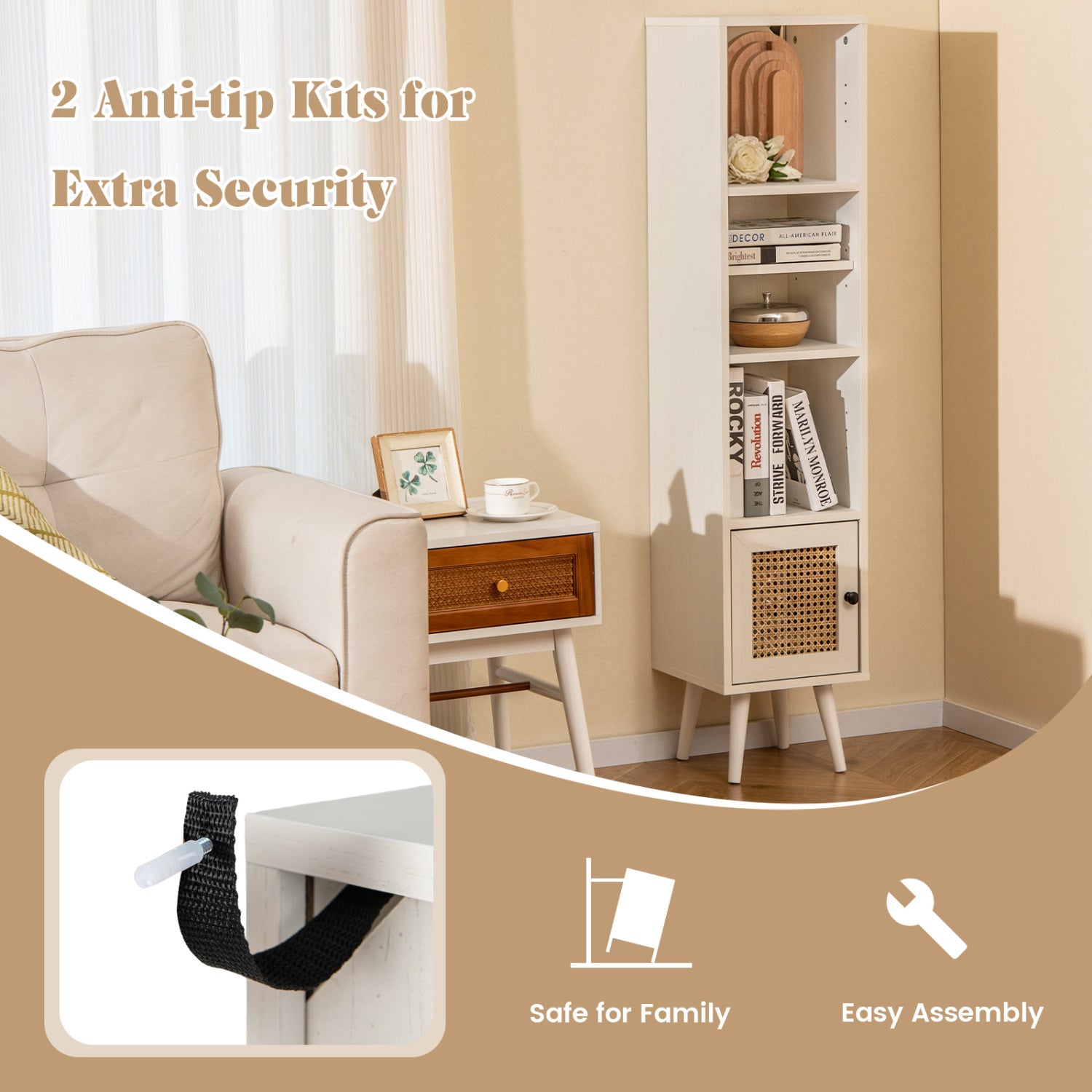 4-Tier Rattan Storage Cabinet, Slim Design, White Cabinets & Chests at Gallery Canada