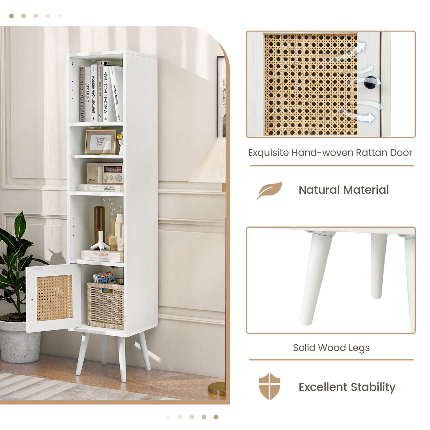 4-Tier Rattan Storage Cabinet, Slim Design, White Cabinets & Chests at Gallery Canada