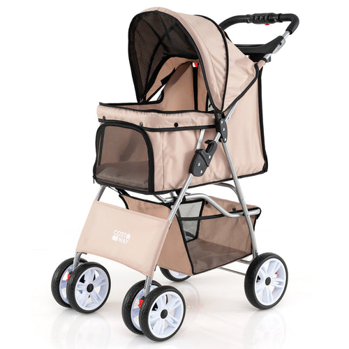 4 Wheel Pet Stroller For Small Dogs Cats, 33 LBS, Beige