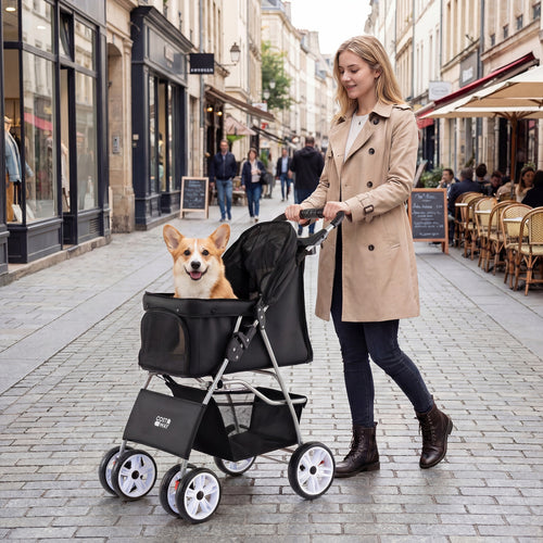 4 Wheel Pet Stroller, Small Dogs Cats, 33 LBS, Black