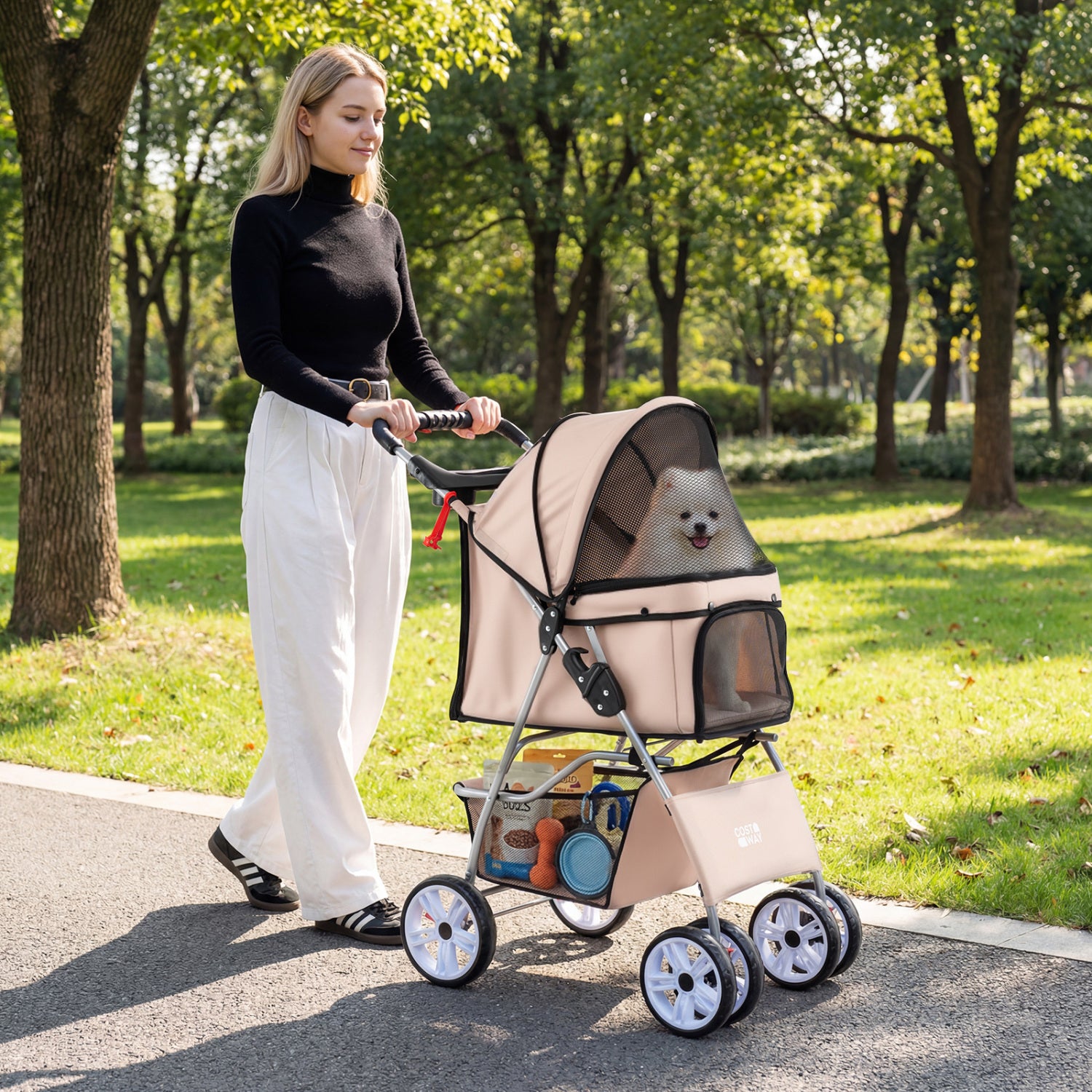 4 Wheel Pet Stroller For Small Dogs Cats, 33 LBS, Beige Dog Supplies at Gallery Canada