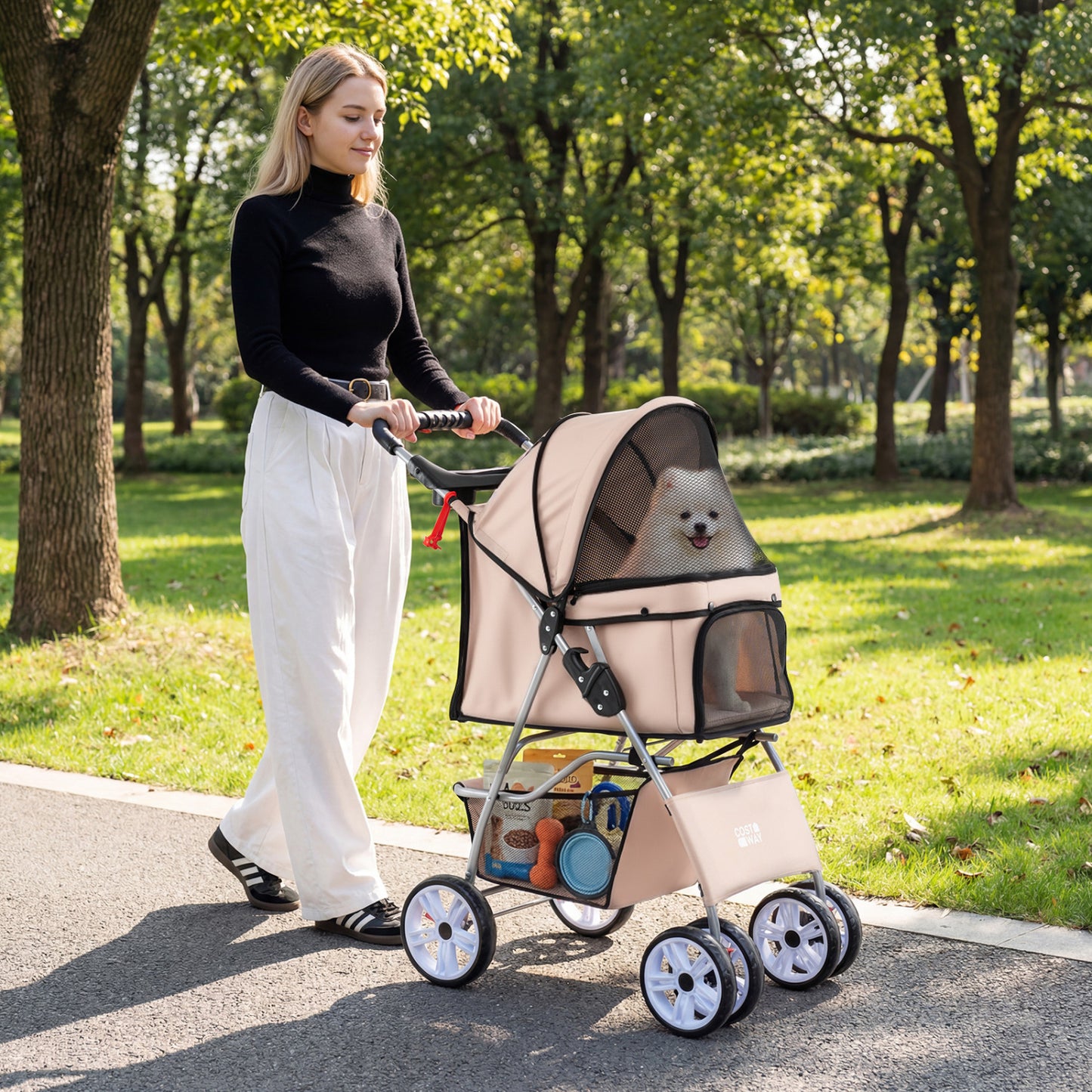 4 Wheel Pet Stroller For Small Dogs Cats, 33 LBS, Beige Dog Supplies at Gallery Canada
