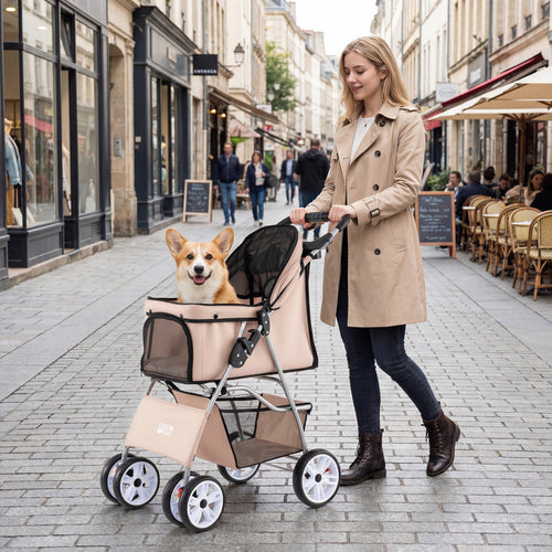 4 Wheel Pet Stroller For Small Dogs Cats, 33 LBS, Beige