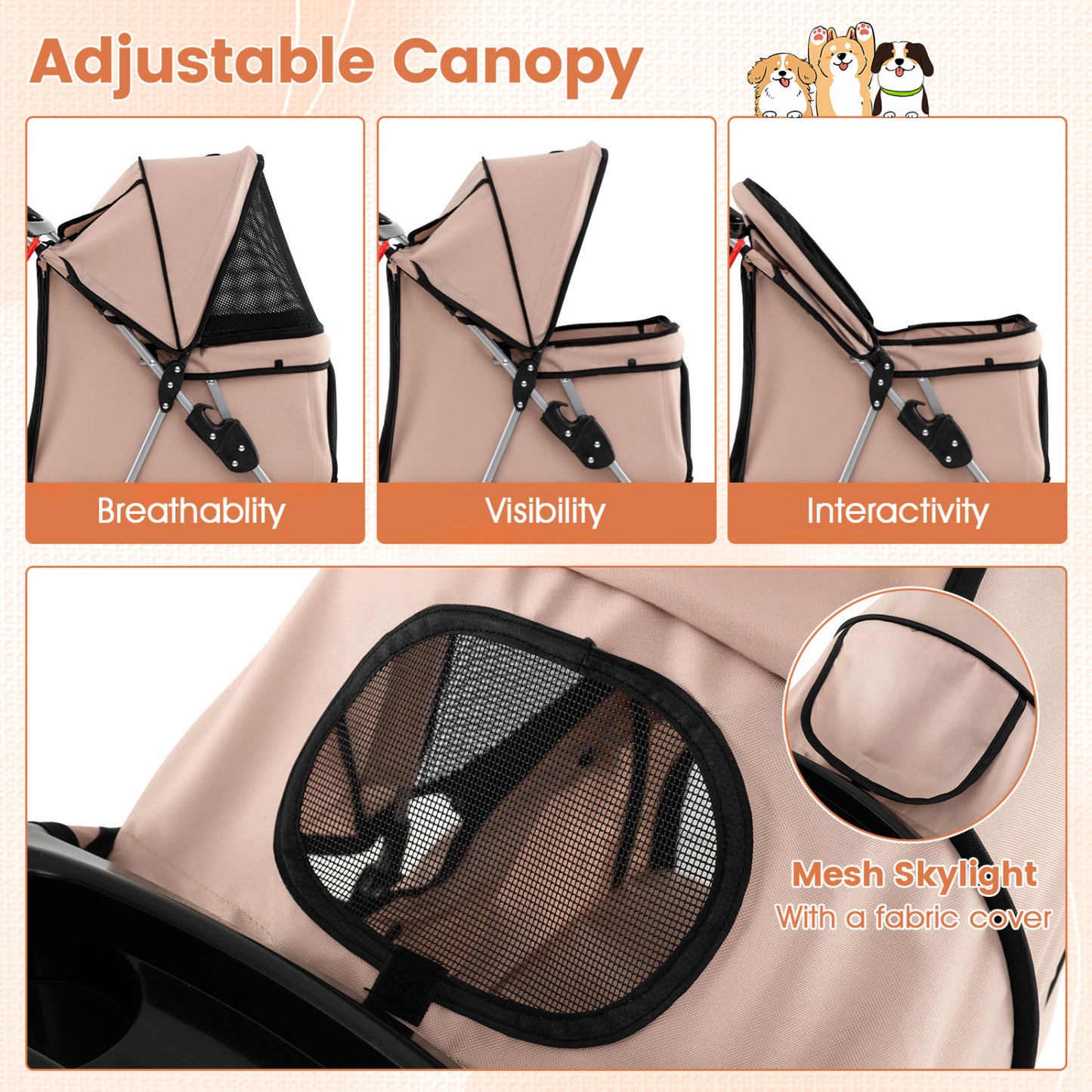 4 Wheel Pet Stroller For Small Dogs Cats, 33 LBS, Beige Dog Supplies at Gallery Canada