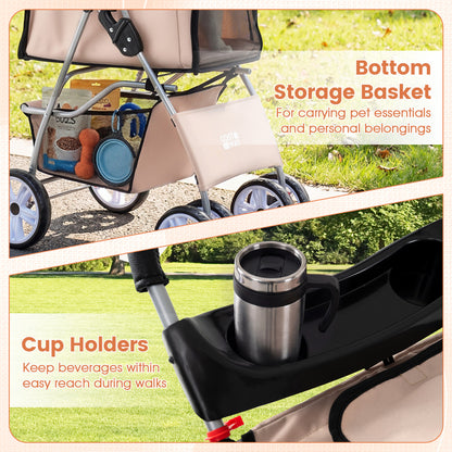 4 Wheel Pet Stroller For Small Dogs Cats, 33 LBS, Beige Dog Supplies at Gallery Canada