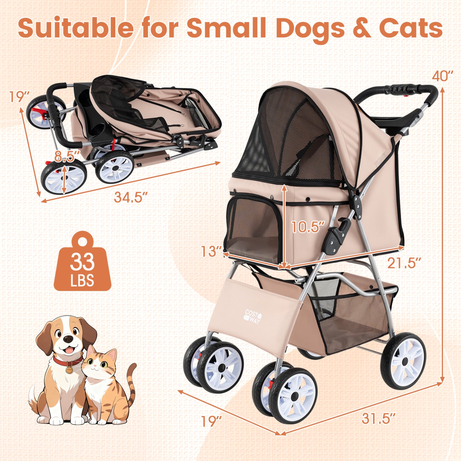4 Wheel Pet Stroller For Small Dogs Cats, 33 LBS, Beige Dog Supplies at Gallery Canada