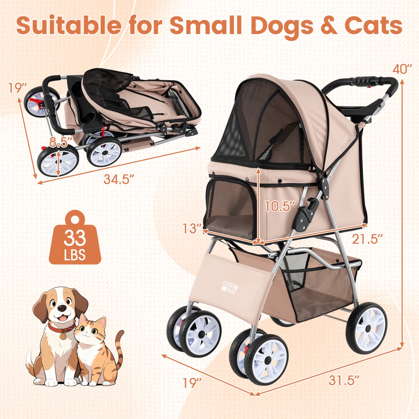 4 Wheel Pet Stroller For Small Dogs Cats, 33 LBS, Beige Dog Supplies at Gallery Canada