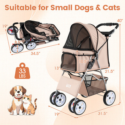 4 Wheel Pet Stroller For Small Dogs Cats, 33 LBS, Beige Dog Supplies at Gallery Canada