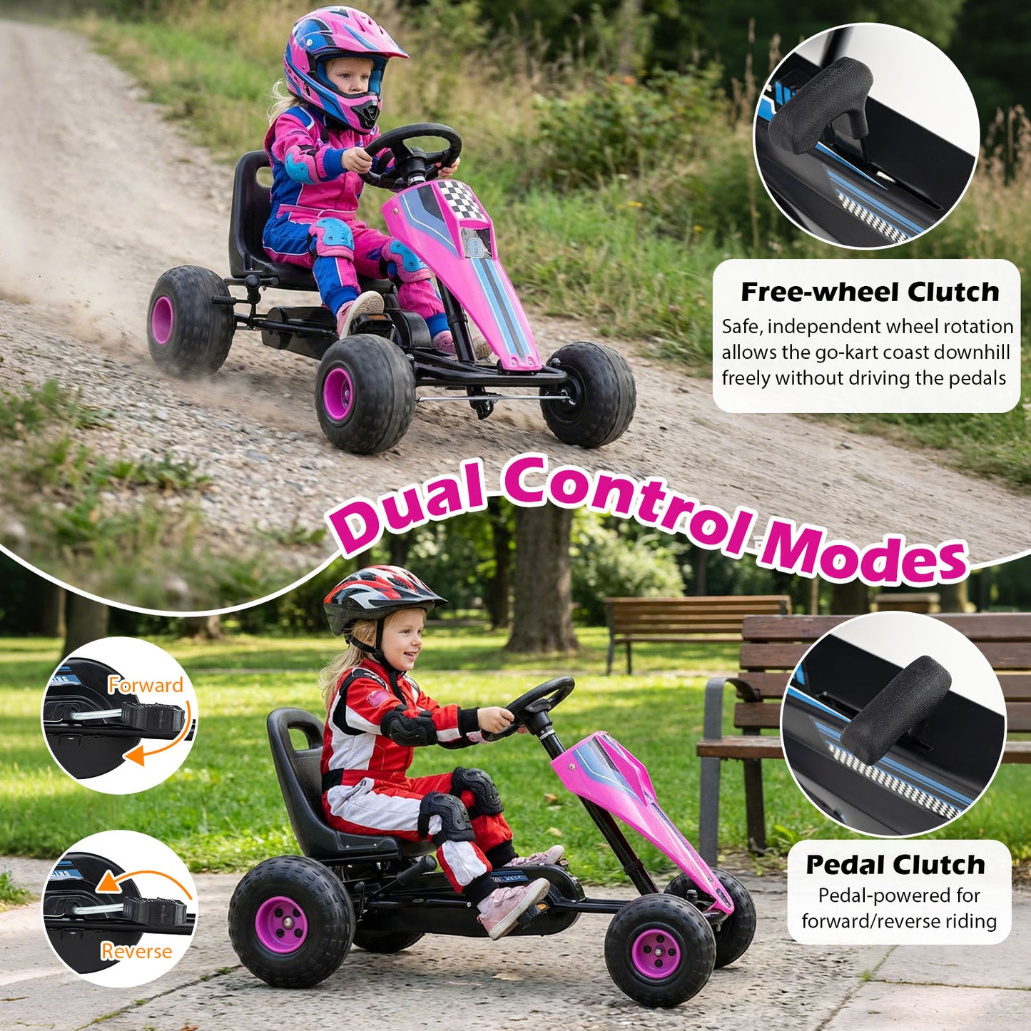 4-Wheel Ride On Toy Pedal Go Kart for Kids with Steering Wheel and Safe Handbrake, Pink Push & Pedal Ride On Toys at Gallery Canada
