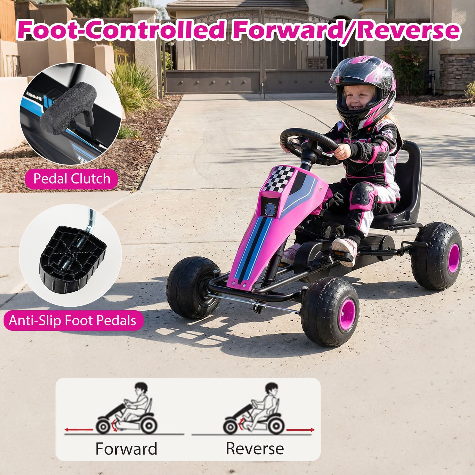 4-Wheel Ride On Toy Pedal Go Kart for Kids with Steering Wheel and Safe Handbrake, Pink Push & Pedal Ride On Toys at Gallery Canada