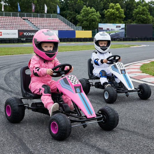 4-Wheel Ride On Toy Pedal Go Kart for Kids with Steering Wheel and Safe Handbrake, Pink Push & Pedal Ride On Toys Pink at Gallery Canada