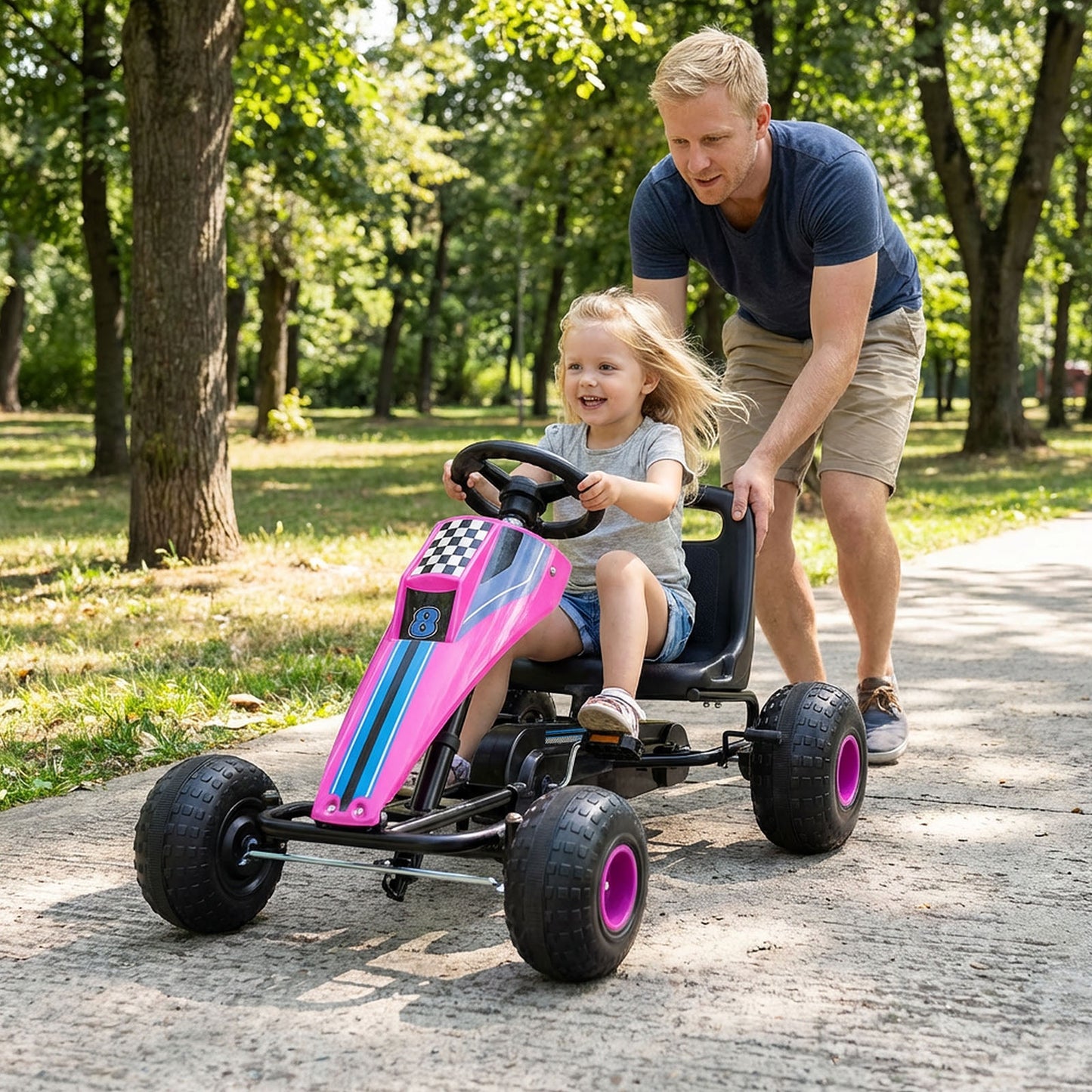 4-Wheel Ride On Toy Pedal Go Kart for Kids with Steering Wheel and Safe Handbrake, Pink Push & Pedal Ride On Toys at Gallery Canada