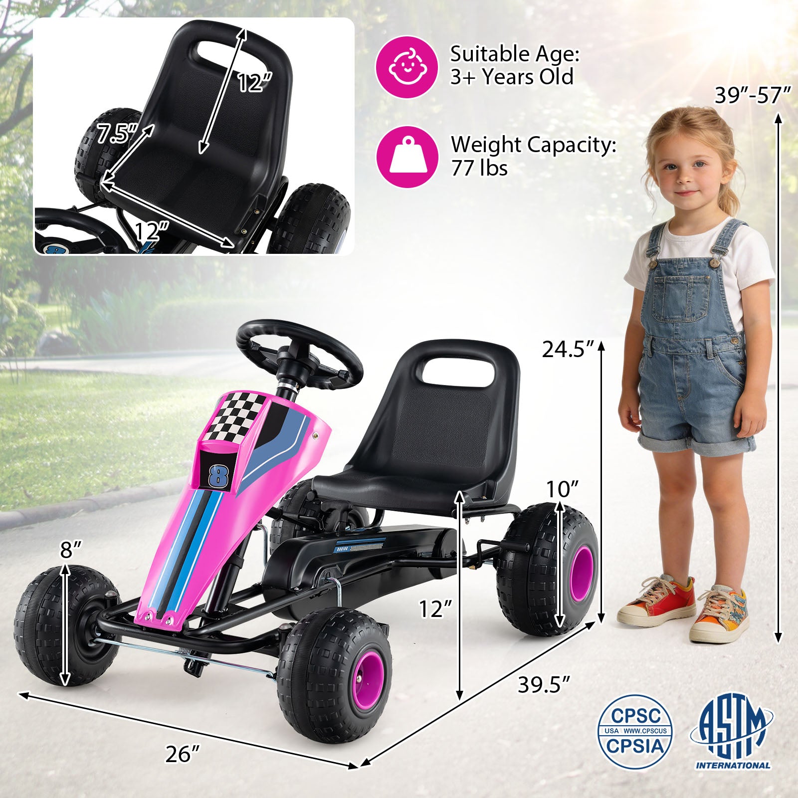 4-Wheel Ride On Toy Pedal Go Kart for Kids with Steering Wheel and Safe Handbrake, Pink Push & Pedal Ride On Toys at Gallery Canada