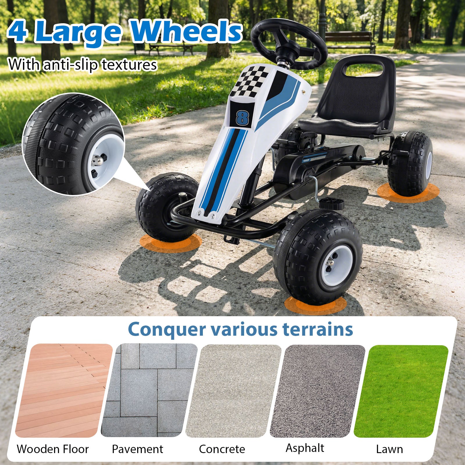 4-Wheel Ride On Toy Pedal Go Kart for Kids with Steering Wheel and Safe Handbrake, White Push & Pedal Ride On Toys at Gallery Canada