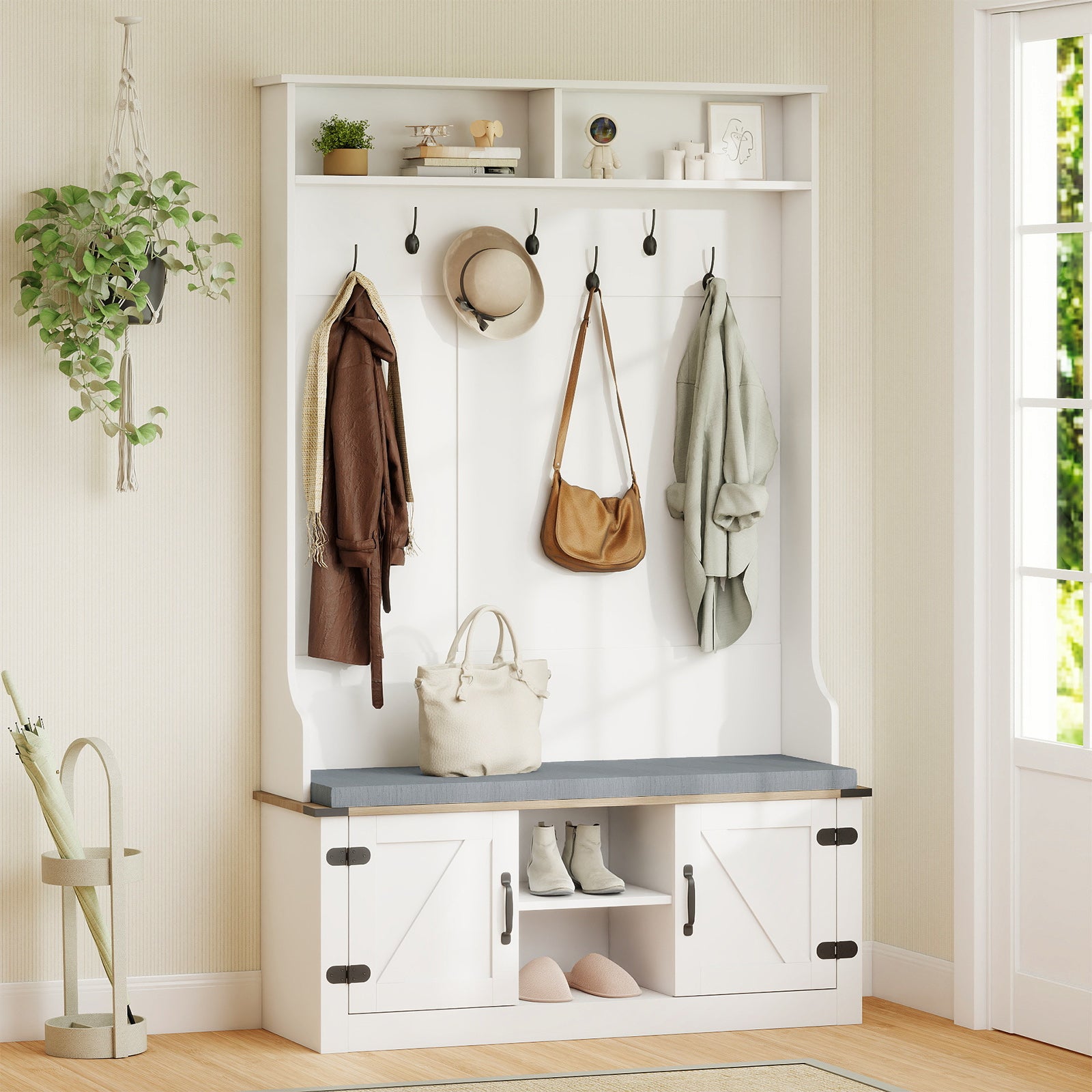 4-in-1 68.5 Inch Tall Coat Rack with Cushioned Bench and Shoe Storage, White Coat Racks & Hall Trees at Gallery Canada