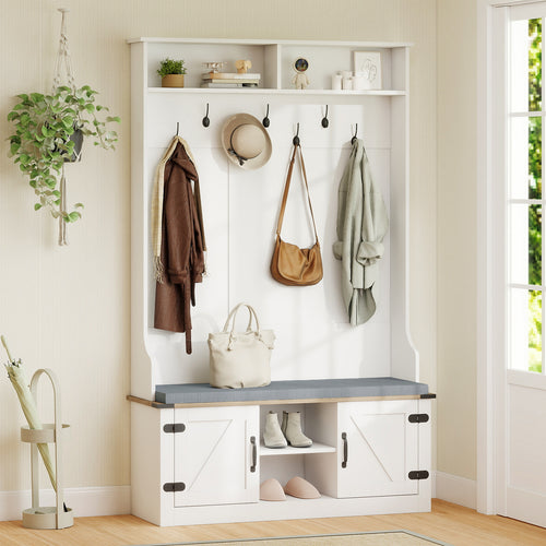 4-in-1 68.5 Inch Tall Coat Rack with Cushioned Bench and Shoe Storage, White