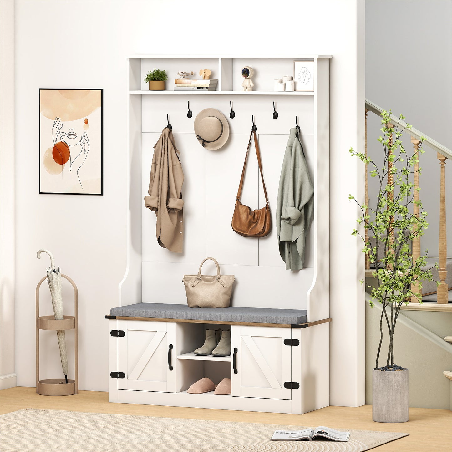 4-in-1 68.5 Inch Tall Coat Rack with Cushioned Bench and Shoe Storage, White Coat Racks & Hall Trees at Gallery Canada