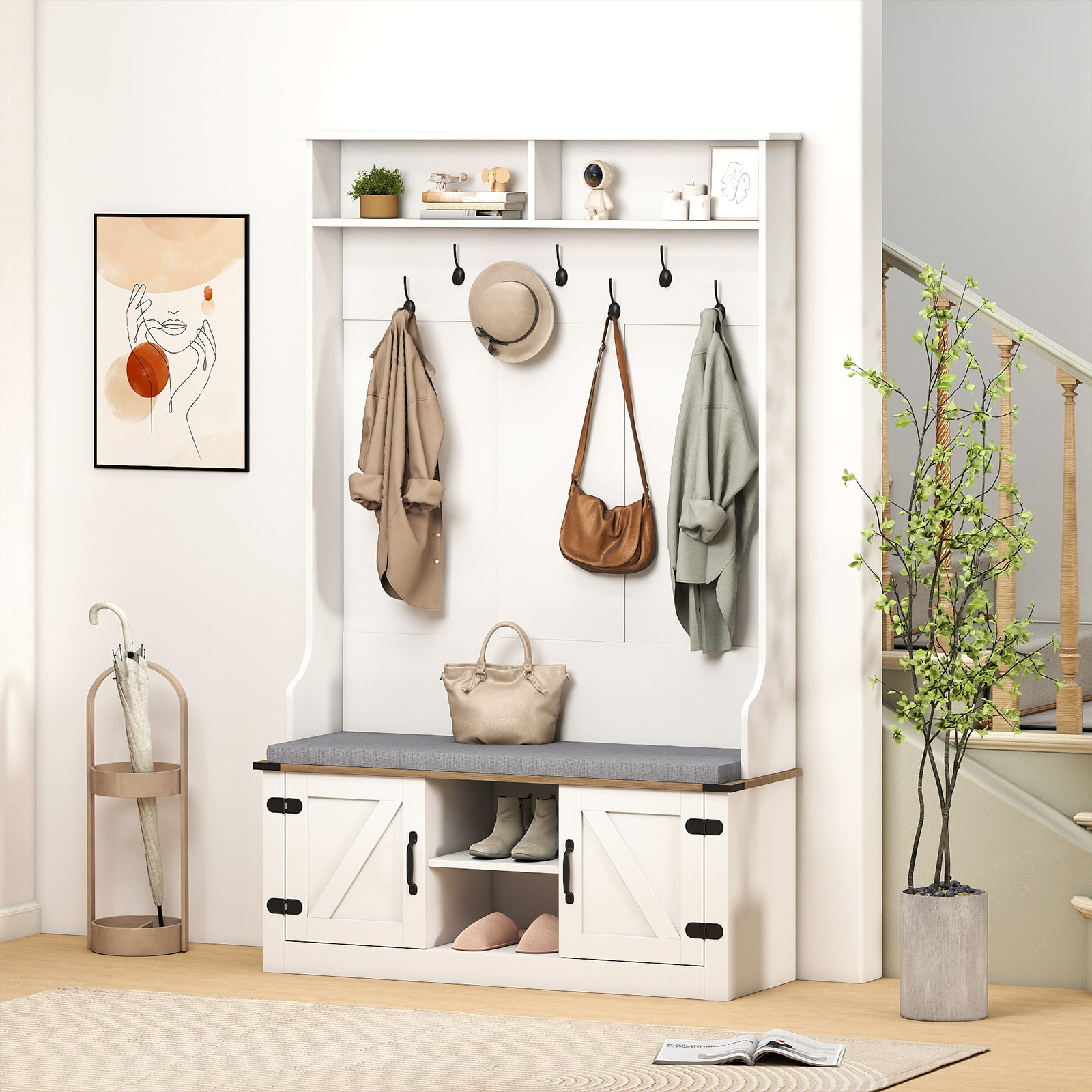 4-in-1 68.5 Inch Tall Coat Rack with Cushioned Bench and Shoe Storage, White Coat Racks & Hall Trees at Gallery Canada