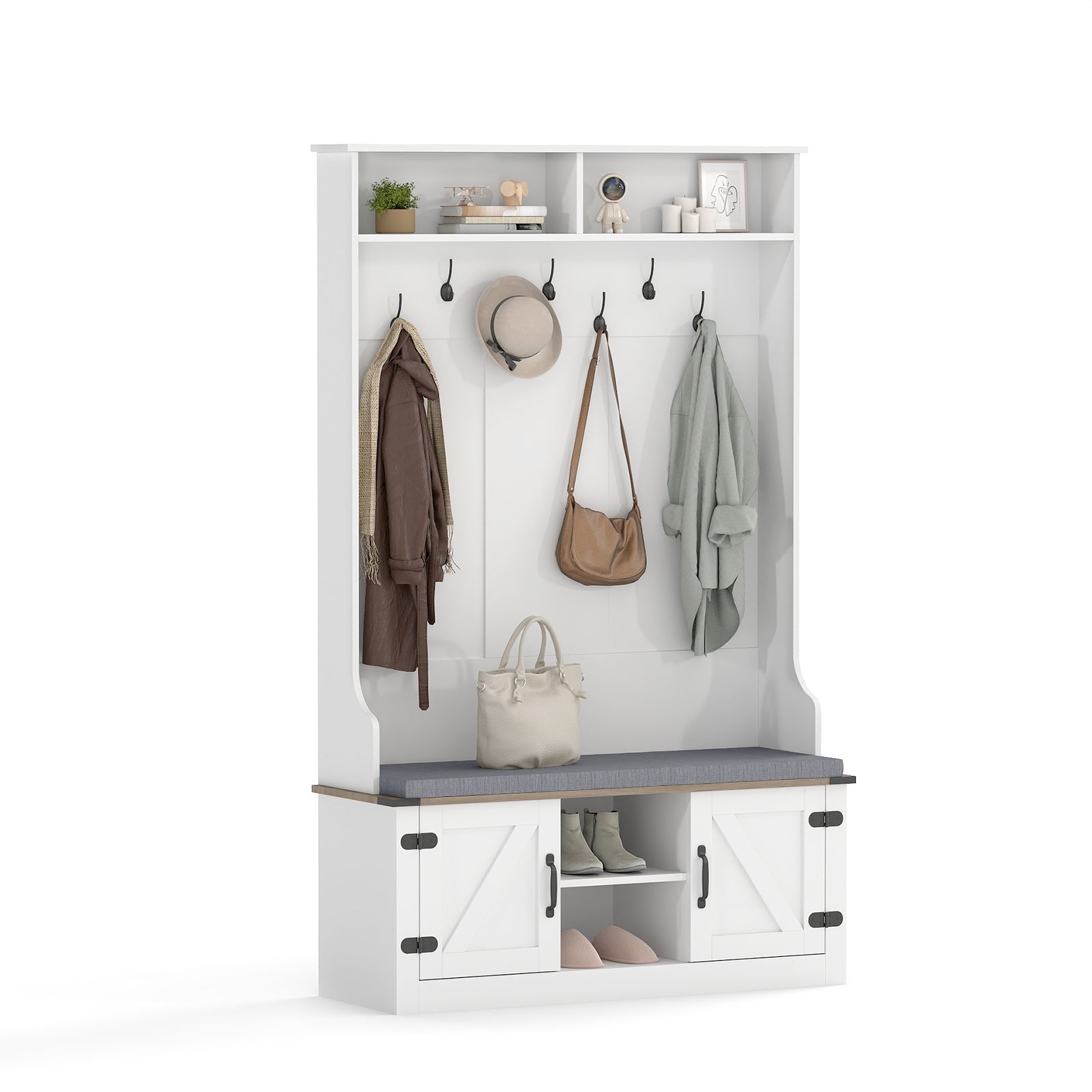 4-in-1 68.5 Inch Tall Coat Rack with Cushioned Bench and Shoe Storage, White Coat Racks & Hall Trees at Gallery Canada