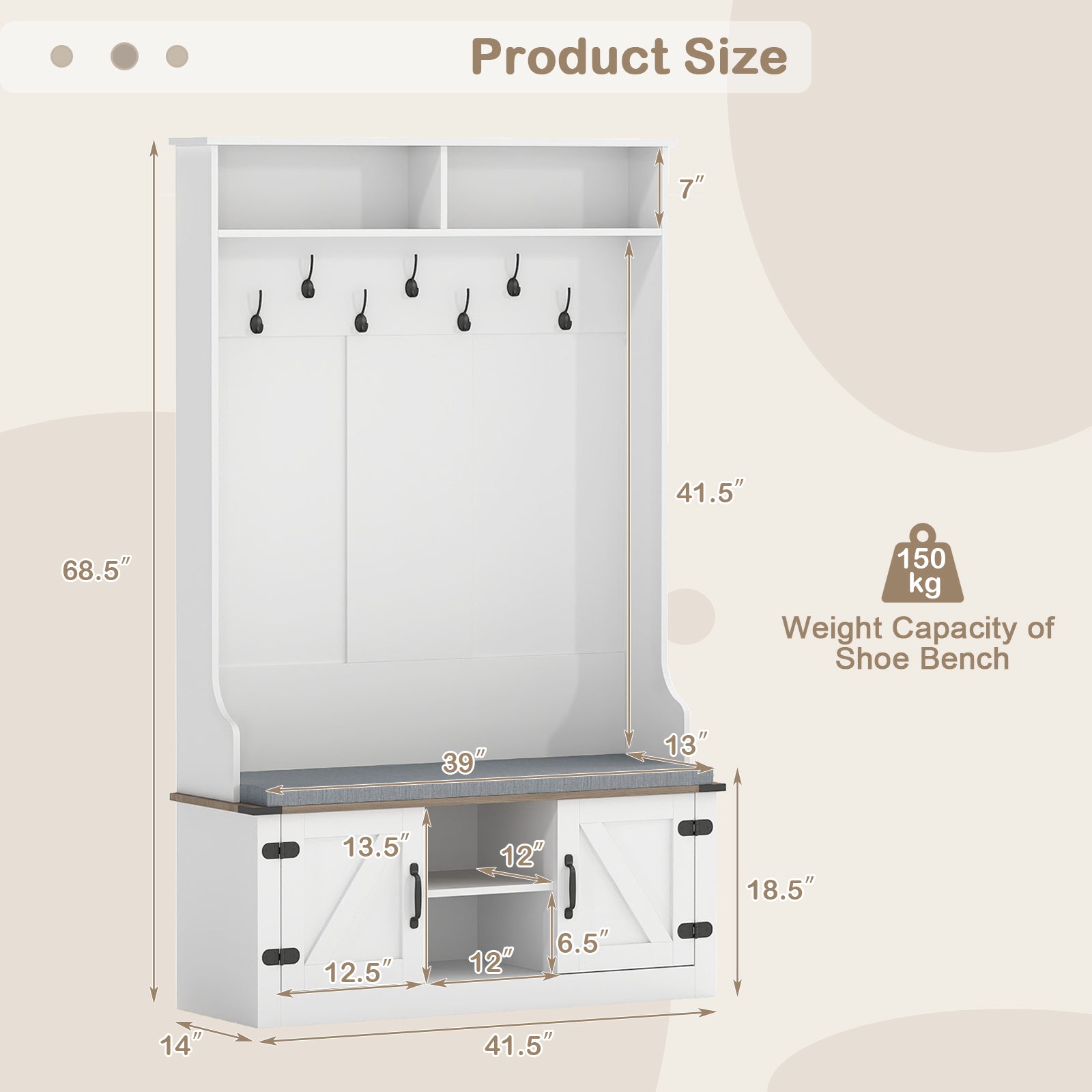 4-in-1 68.5 Inch Tall Coat Rack with Cushioned Bench and Shoe Storage, White Coat Racks & Hall Trees at Gallery Canada
