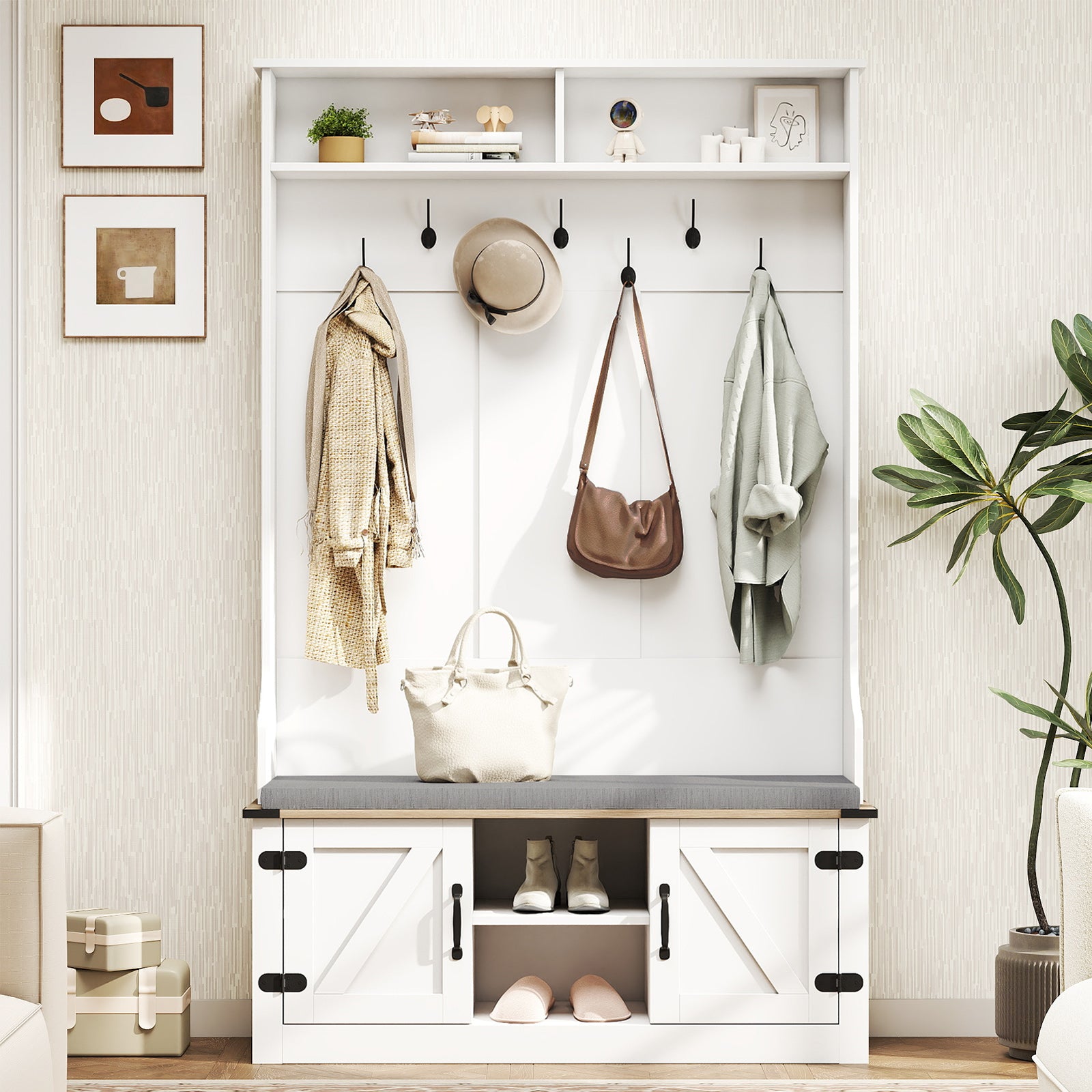 4-in-1 68.5 Inch Tall Coat Rack with Cushioned Bench and Shoe Storage, White Coat Racks & Hall Trees at Gallery Canada