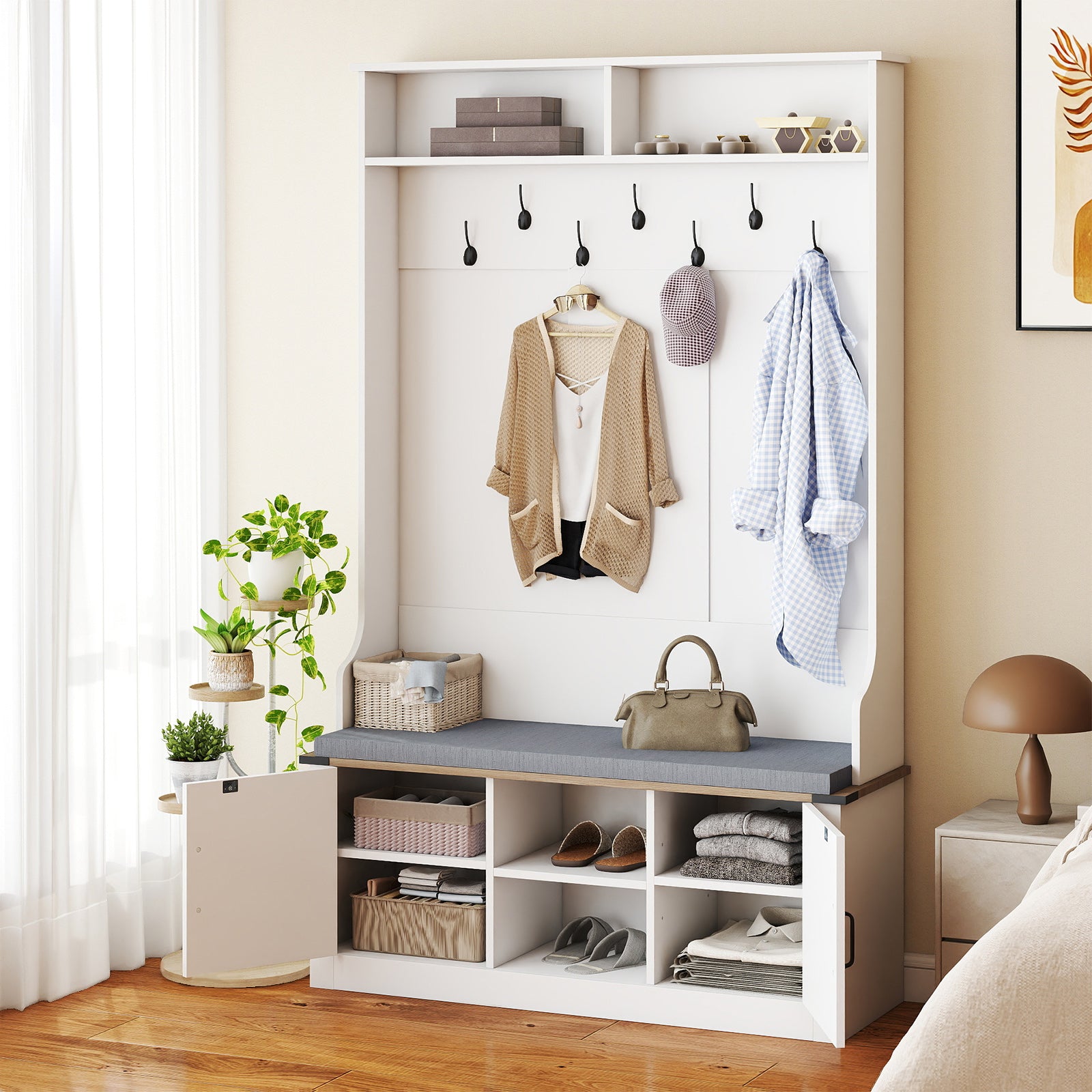 4-in-1 68.5 Inch Tall Coat Rack with Cushioned Bench and Shoe Storage, White Coat Racks & Hall Trees at Gallery Canada